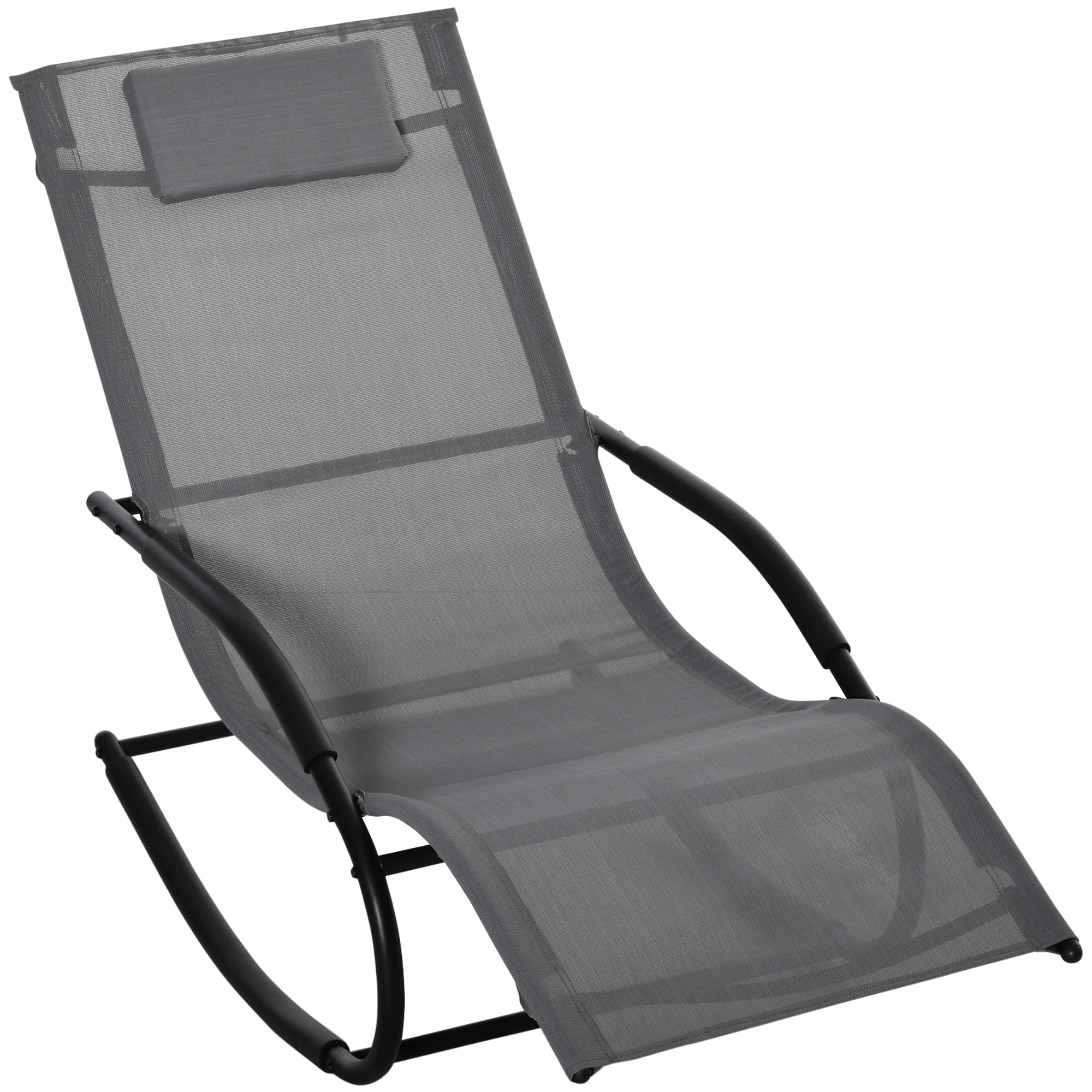 Ergonomic Rocking Chair Lounger with Galvanized Metal Frame Textilene Headrest Armrests 63W x 160D x 88H cm Gray