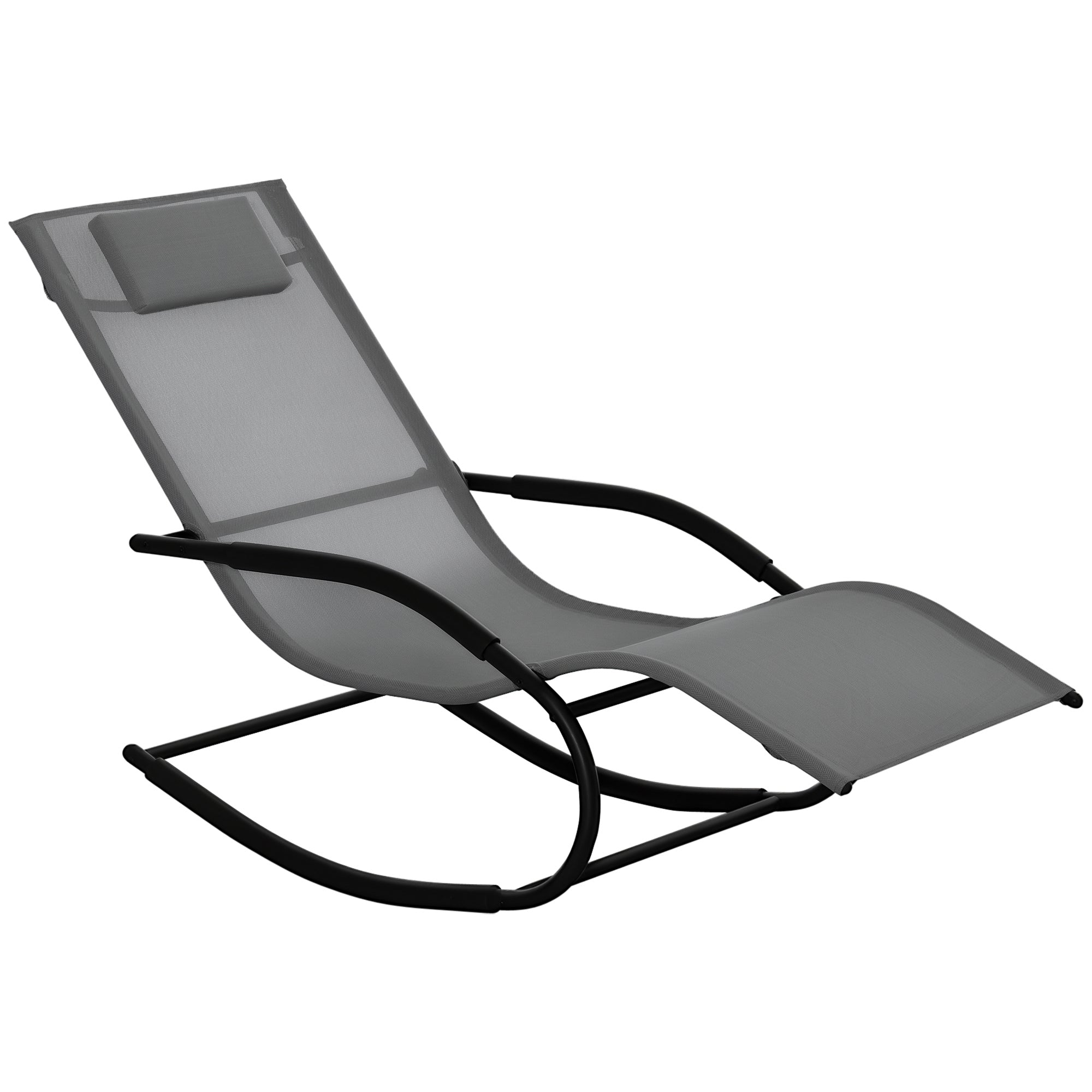 Ergonomic Rocking Chair Lounger with Galvanized Metal Frame Textilene Headrest Armrests 63W x 160D x 88H cm Gray