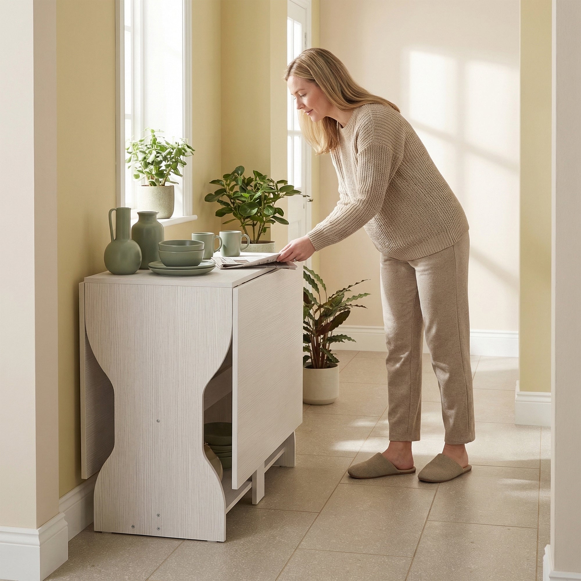 Folding Dining Table 63" — Space-Saving Console with Storage Shelf for Small Spaces, Modern Table for 4, White