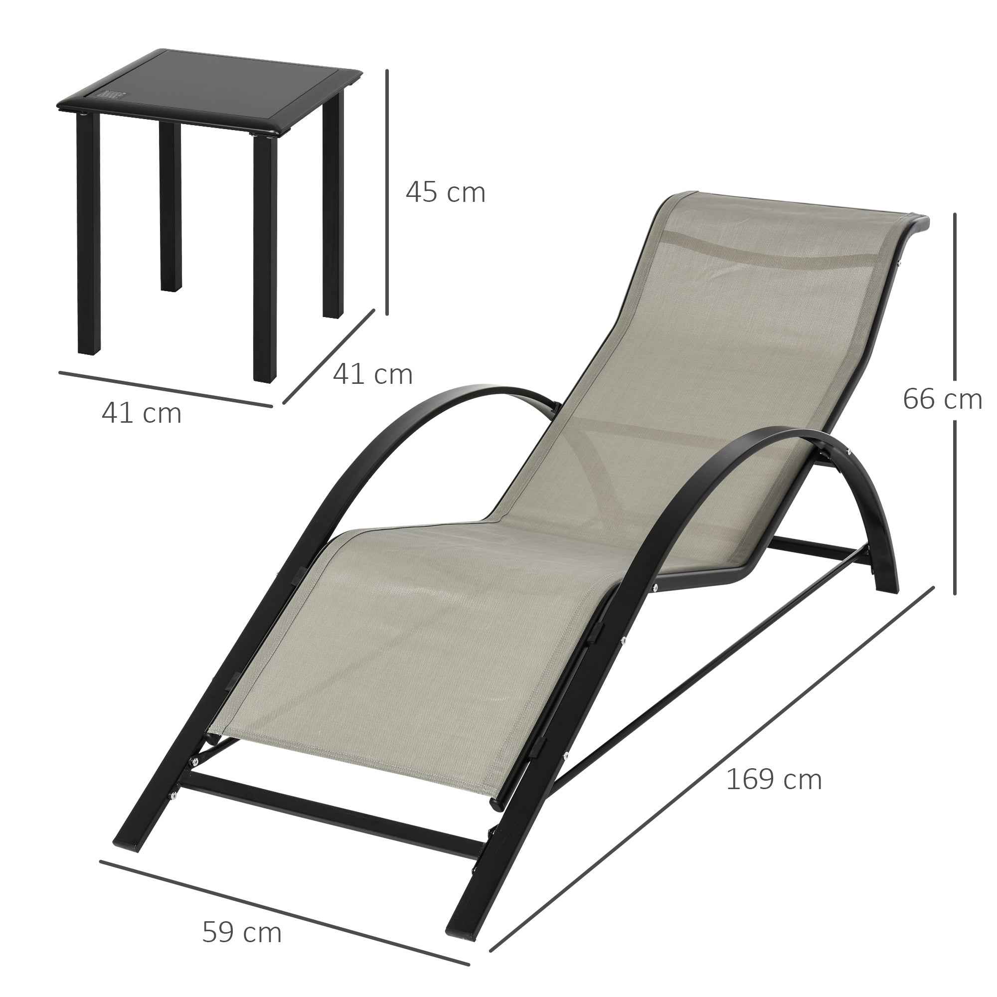 Set of 2 Contemporary Design Sun Loungers Glass Top Coffee Table Epoxy Metal Gray Textilene