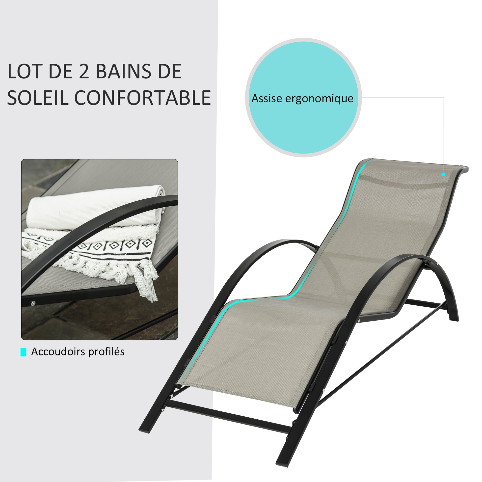 Set of 2 Contemporary Design Sun Loungers Glass Top Coffee Table Epoxy Metal Gray Textilene