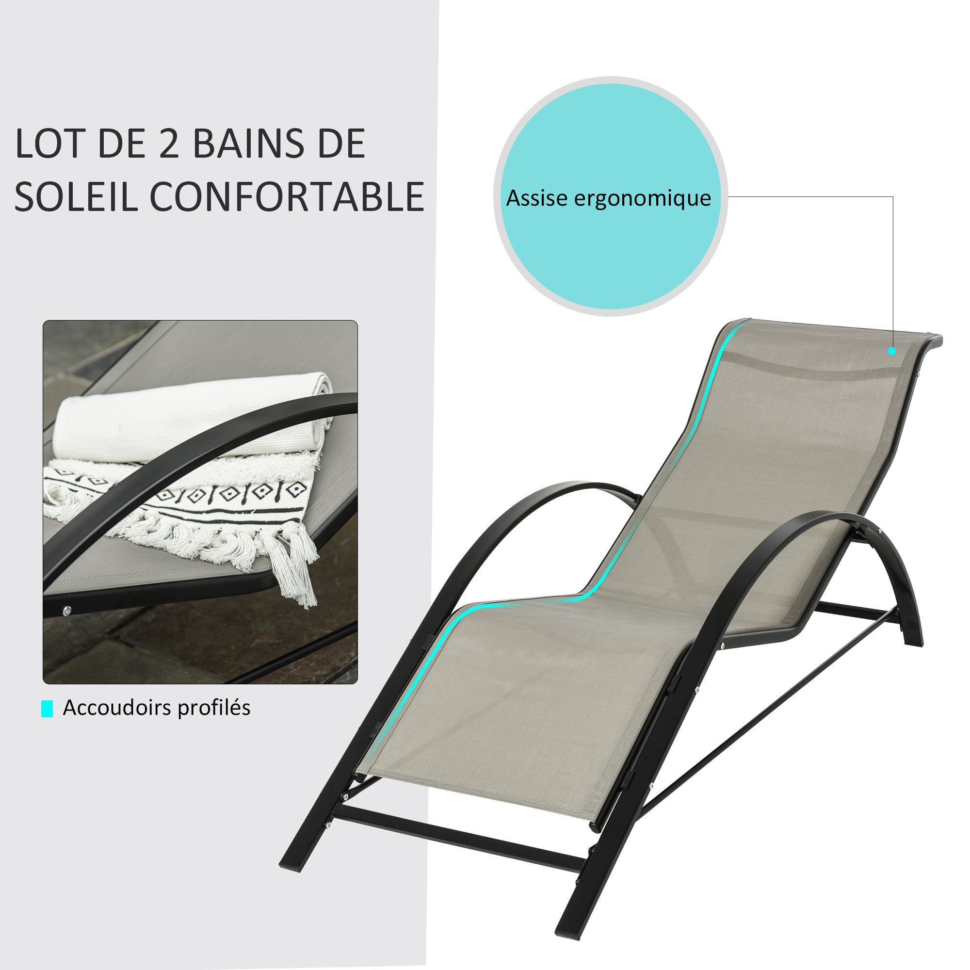 Set of 2 Contemporary Design Sun Loungers Glass Top Coffee Table Epoxy Metal Gray Textilene