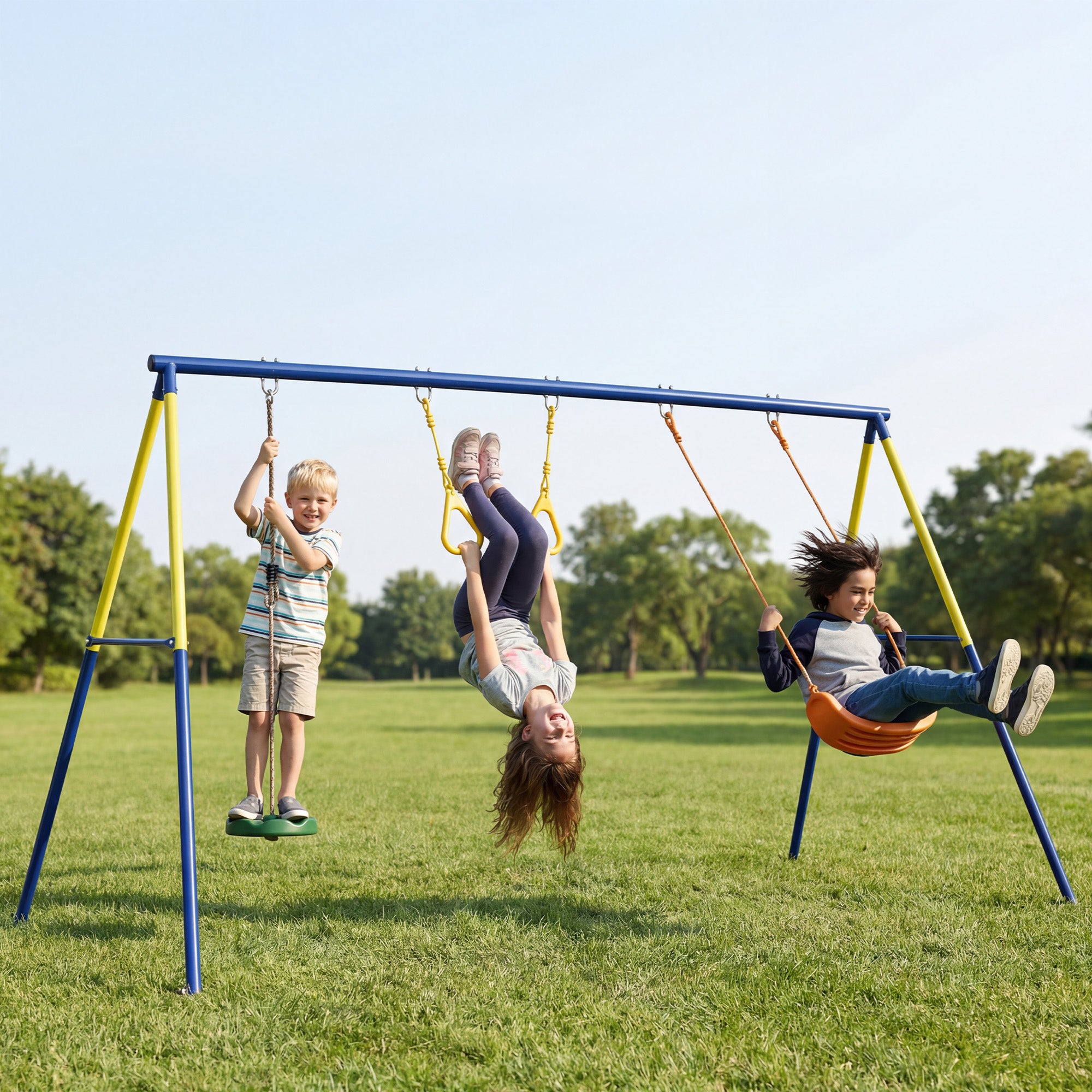 3-in-1 Kids Garden Swing Set with Standing Swing & Gym Rings, A-Frame Steel, Double Swings, 331 lb Capacity, Outdoor, Ages 3-8, 112.2 x 63 x 71.3 in