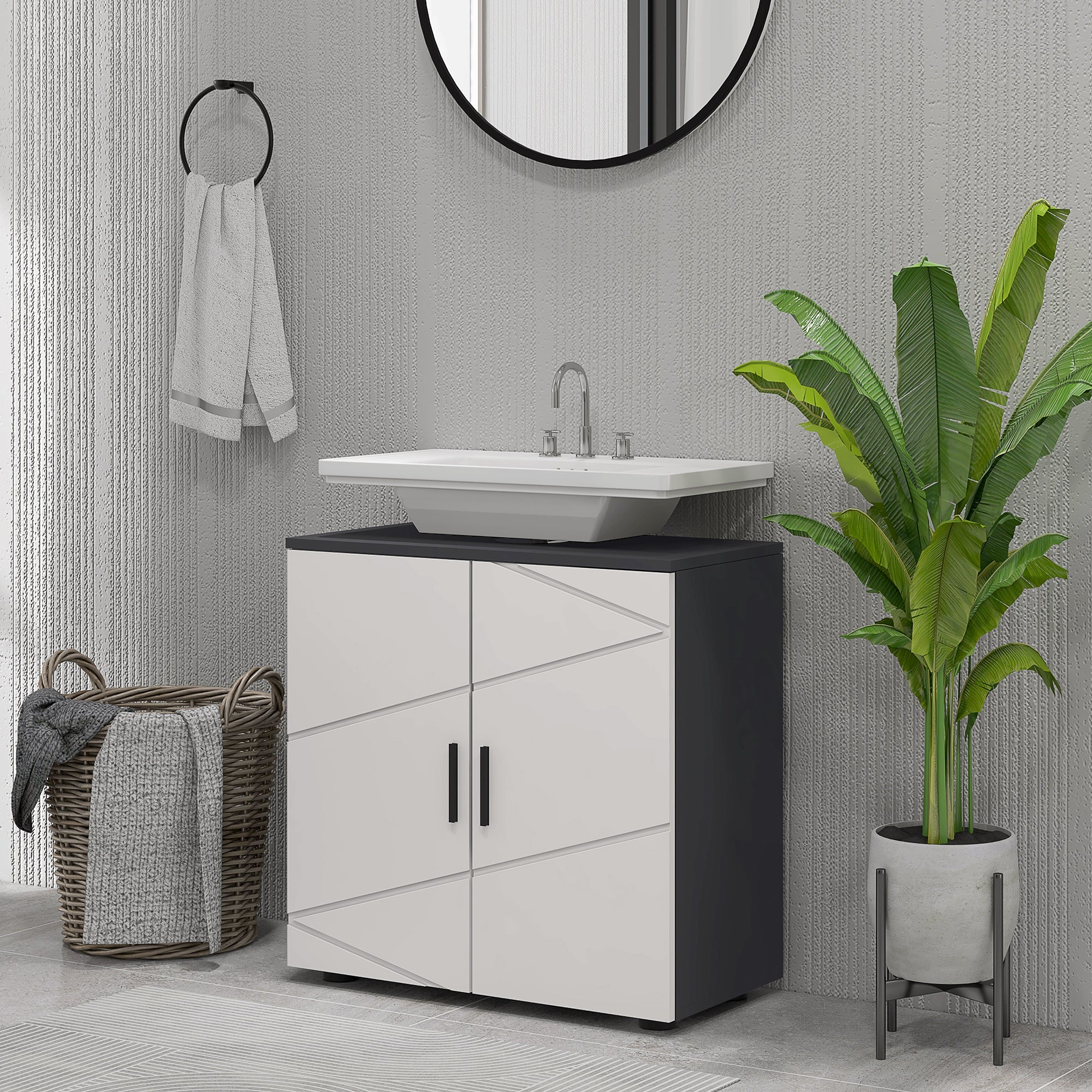 Under Sink Cabinet with Adjustable Shelf, Vanity Cabinet with Handle, Bathroom Cabinet with Tip-Over Protection, Gray, 60 x 30 x 60 cm