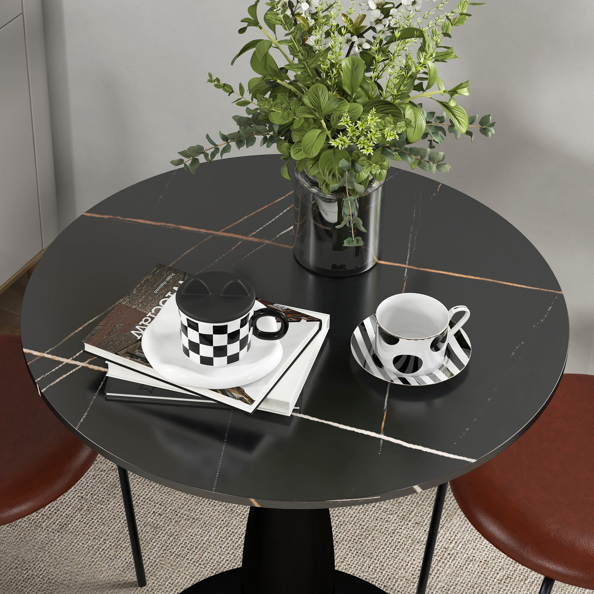 Dining Table, Round Kitchen Table, Modern Dining Table Coffee Table with Steel Frame, Bar Table for 2 Persons, Ø70 x 74 cm, Black