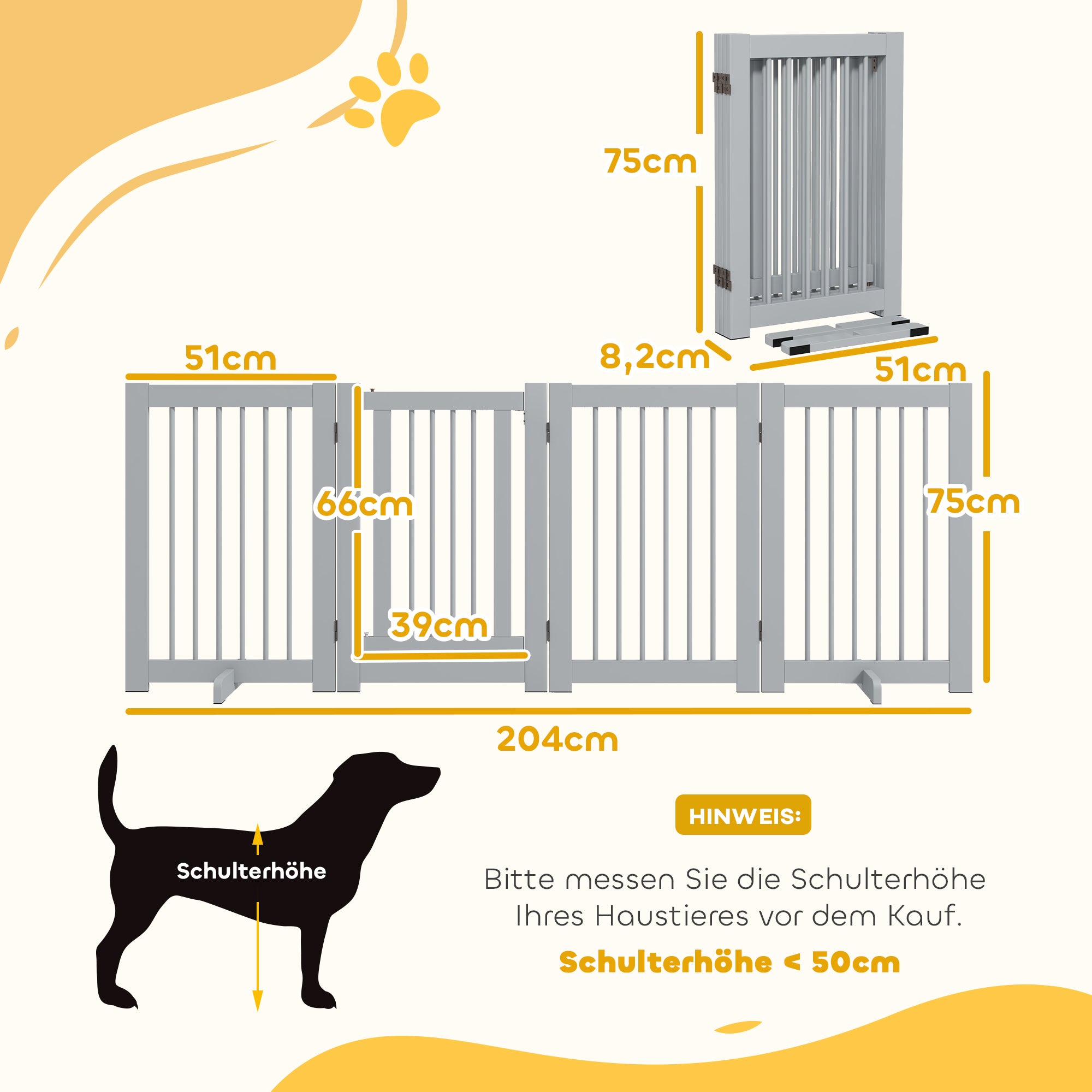 Freestanding Dog Safety Gate with Feet 204 x 75 cm Wood Dog Gate Stair Gate Door Gate for Stairs, Doors, Kitchen, Hallway, 4 Panels, Light Gray