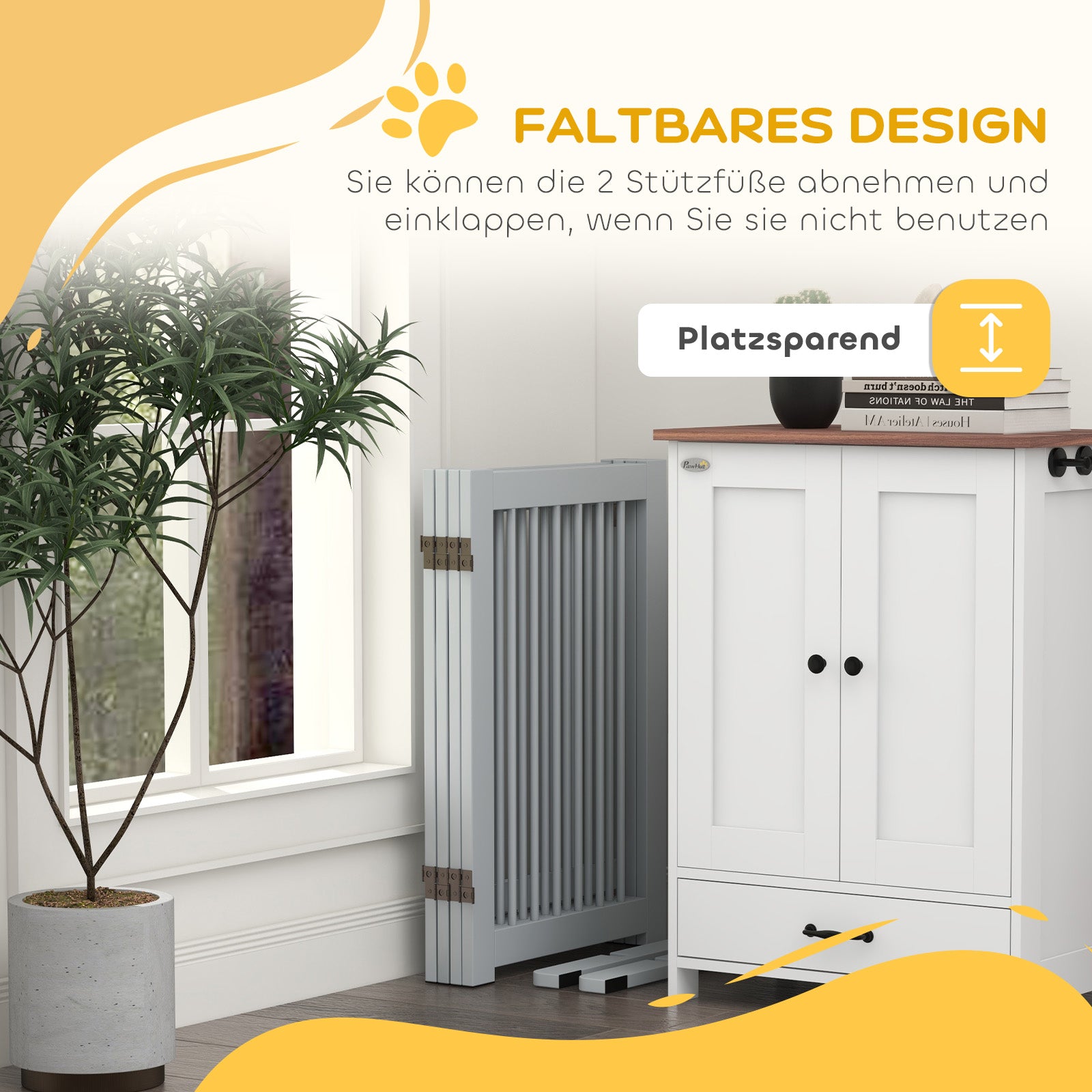 Freestanding Dog Safety Gate with Feet 204 x 75 cm Wood Dog Gate Stair Gate Door Gate for Stairs, Doors, Kitchen, Hallway, 4 Panels, Light Gray