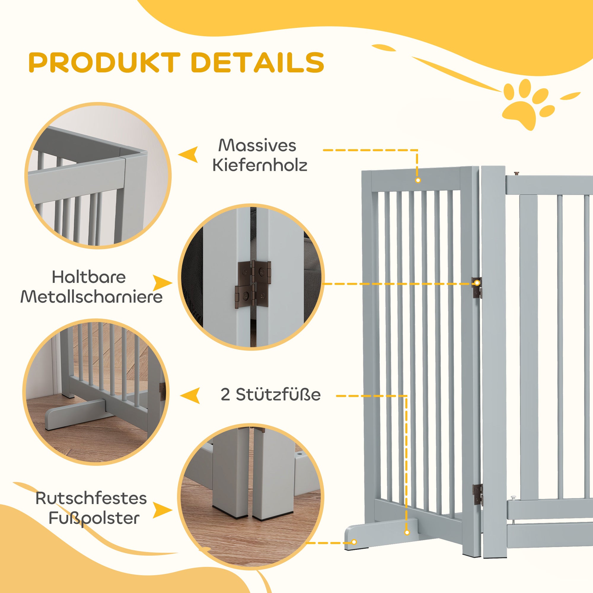 Freestanding Dog Safety Gate with Feet 204 x 75 cm Wood Dog Gate Stair Gate Door Gate for Stairs, Doors, Kitchen, Hallway, 4 Panels, Light Gray