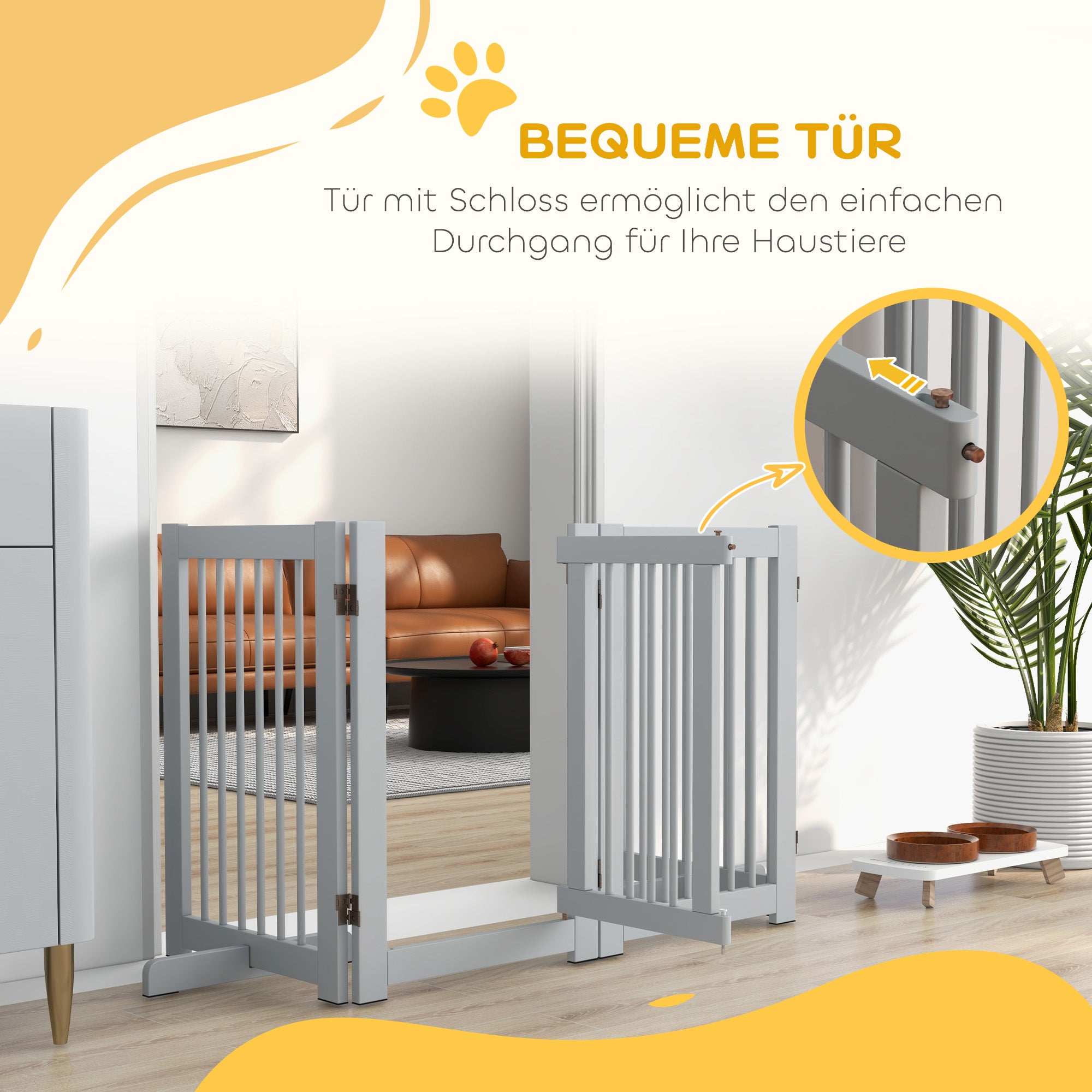 Freestanding Dog Safety Gate with Feet 204 x 75 cm Wood Dog Gate Stair Gate Door Gate for Stairs, Doors, Kitchen, Hallway, 4 Panels, Light Gray