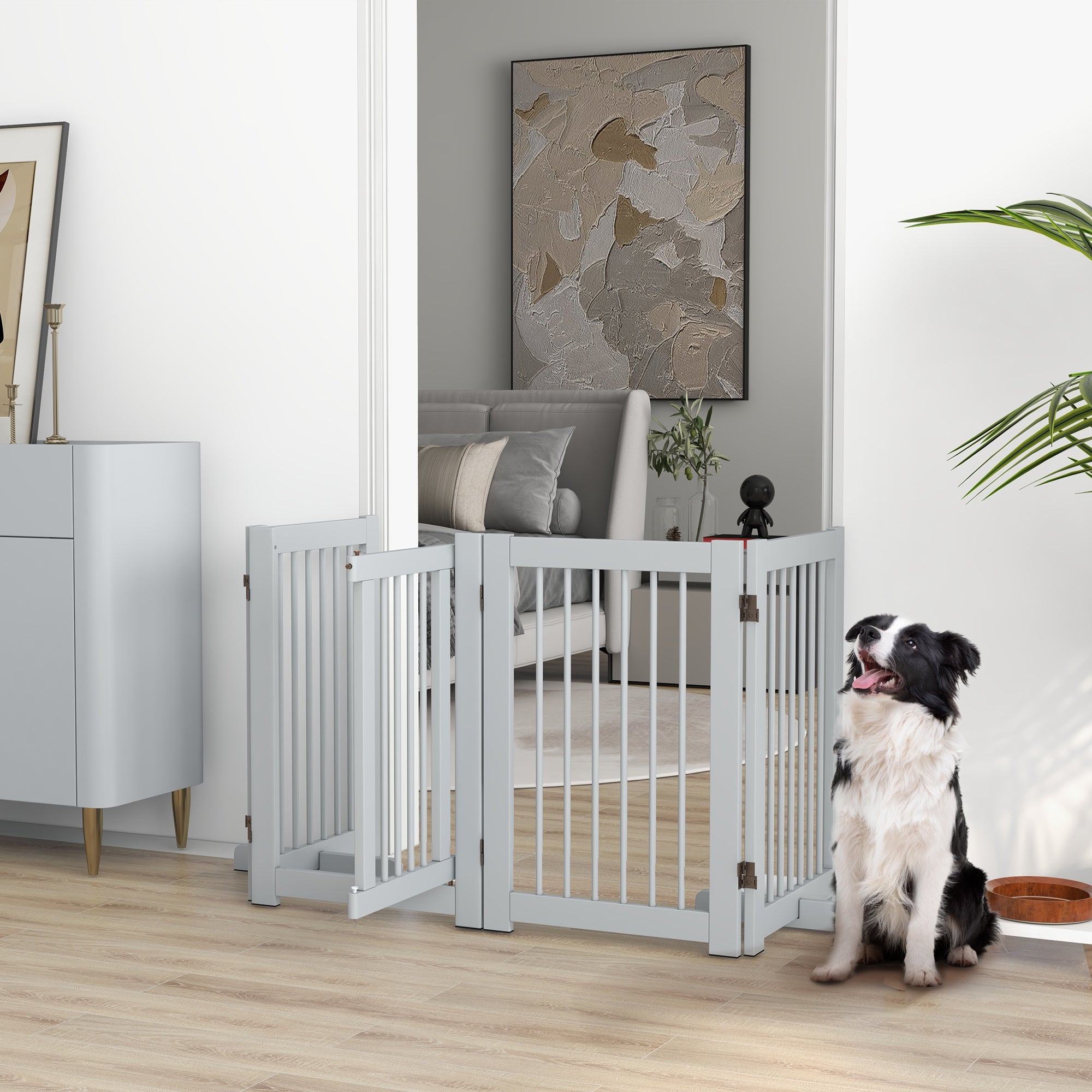 Freestanding Dog Safety Gate with Feet 204 x 75 cm Wood Dog Gate Stair Gate Door Gate for Stairs, Doors, Kitchen, Hallway, 4 Panels, Light Gray