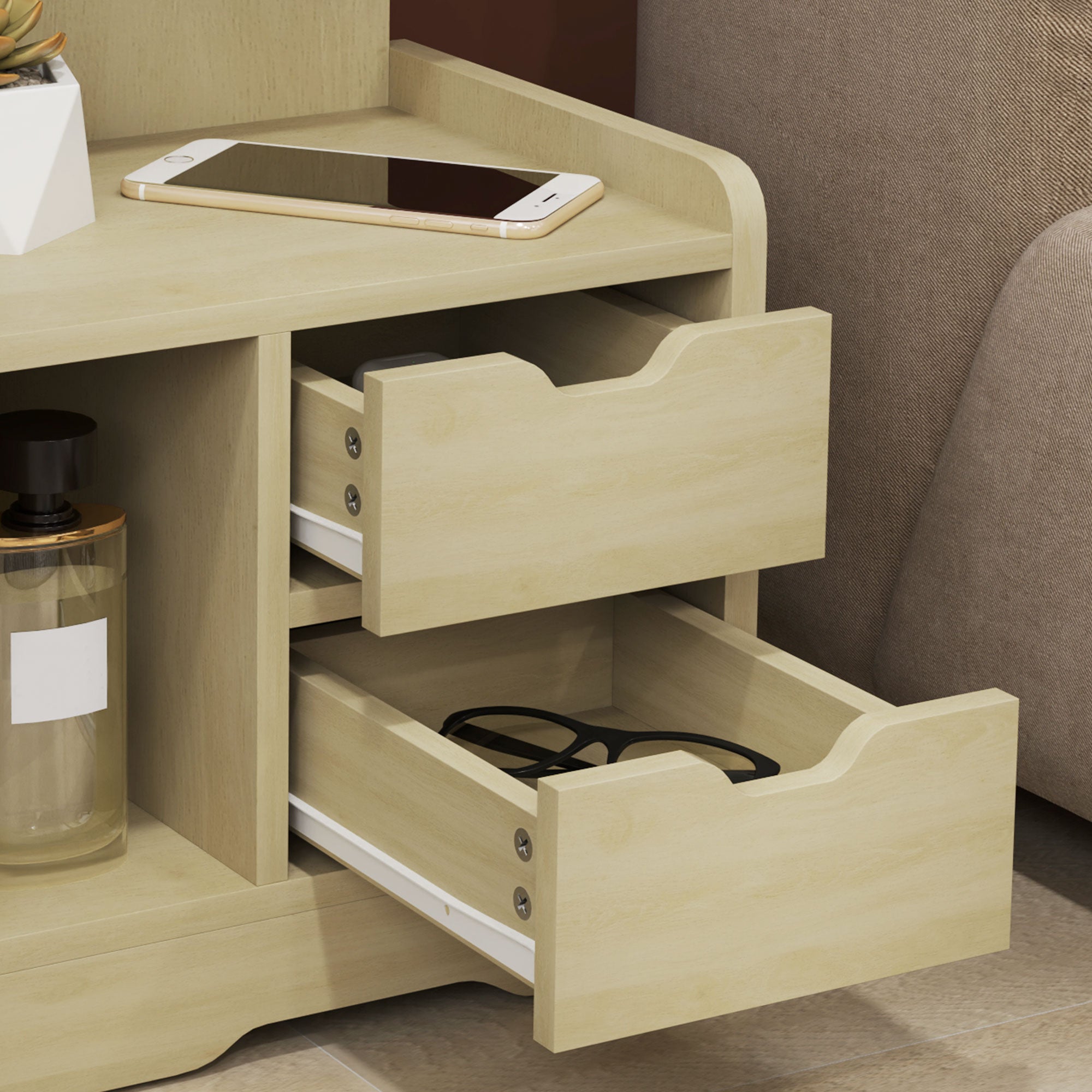 Nightstand, Side Table with 2 Drawers, Open Compartment, Bedside Table, Bedside Cabinet for Bedroom, Living Room, Natural Wood, 40 x 30 x 60 cm