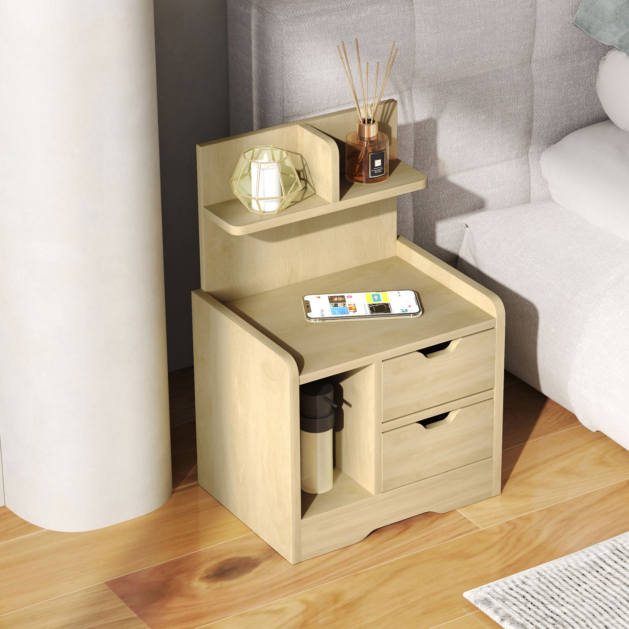 Nightstand, Side Table with 2 Drawers, Open Compartment, Bedside Table, Bedside Cabinet for Bedroom, Living Room, Natural Wood, 40 x 30 x 60 cm