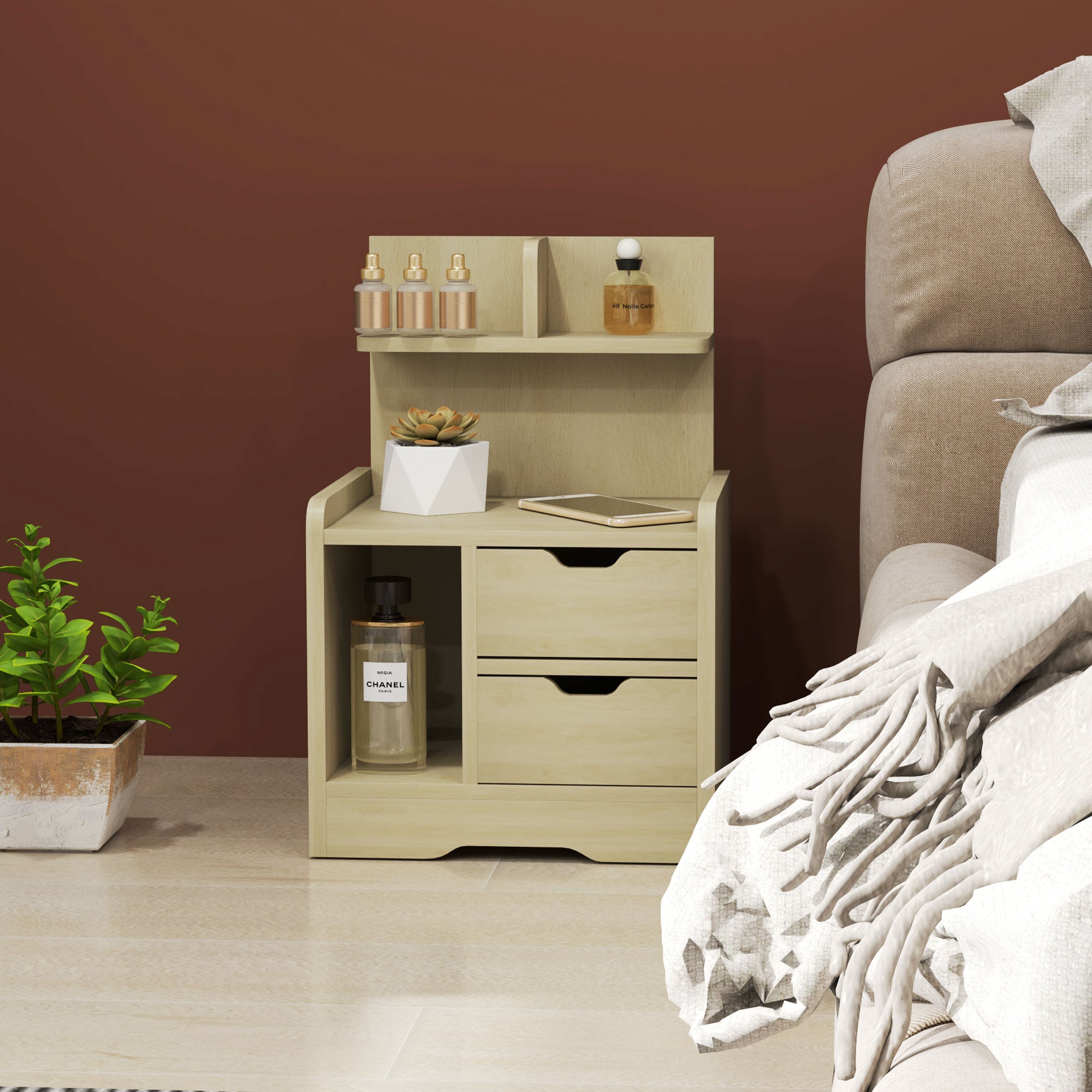 Nightstand, Side Table with 2 Drawers, Open Compartment, Bedside Table, Bedside Cabinet for Bedroom, Living Room, Natural Wood, 40 x 30 x 60 cm