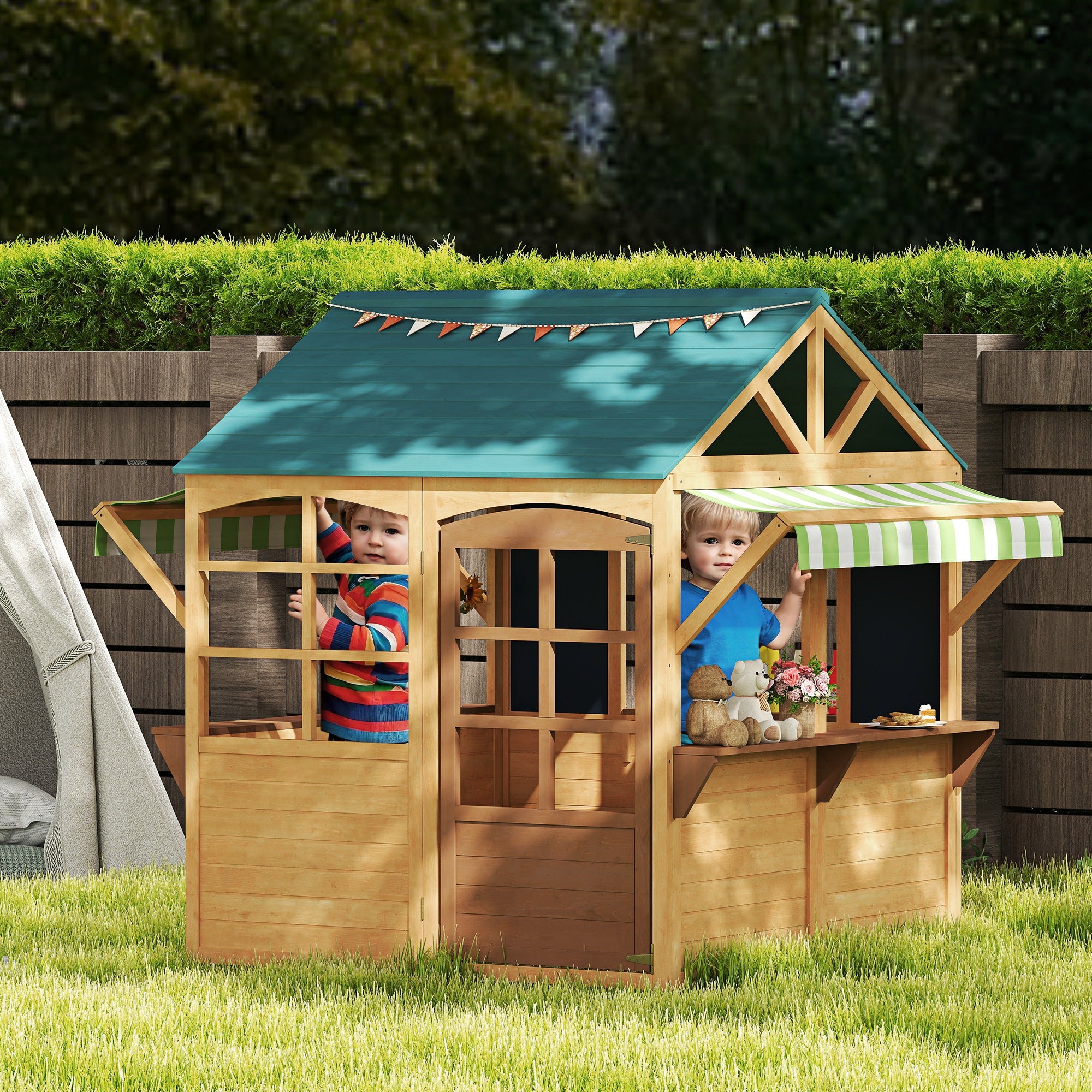 Wooden Foldable Playhouse for Kids Outdoor with Windows, Door, Window Sill, Rain Caps, Children's House, Garden House for Children 3-8 Years