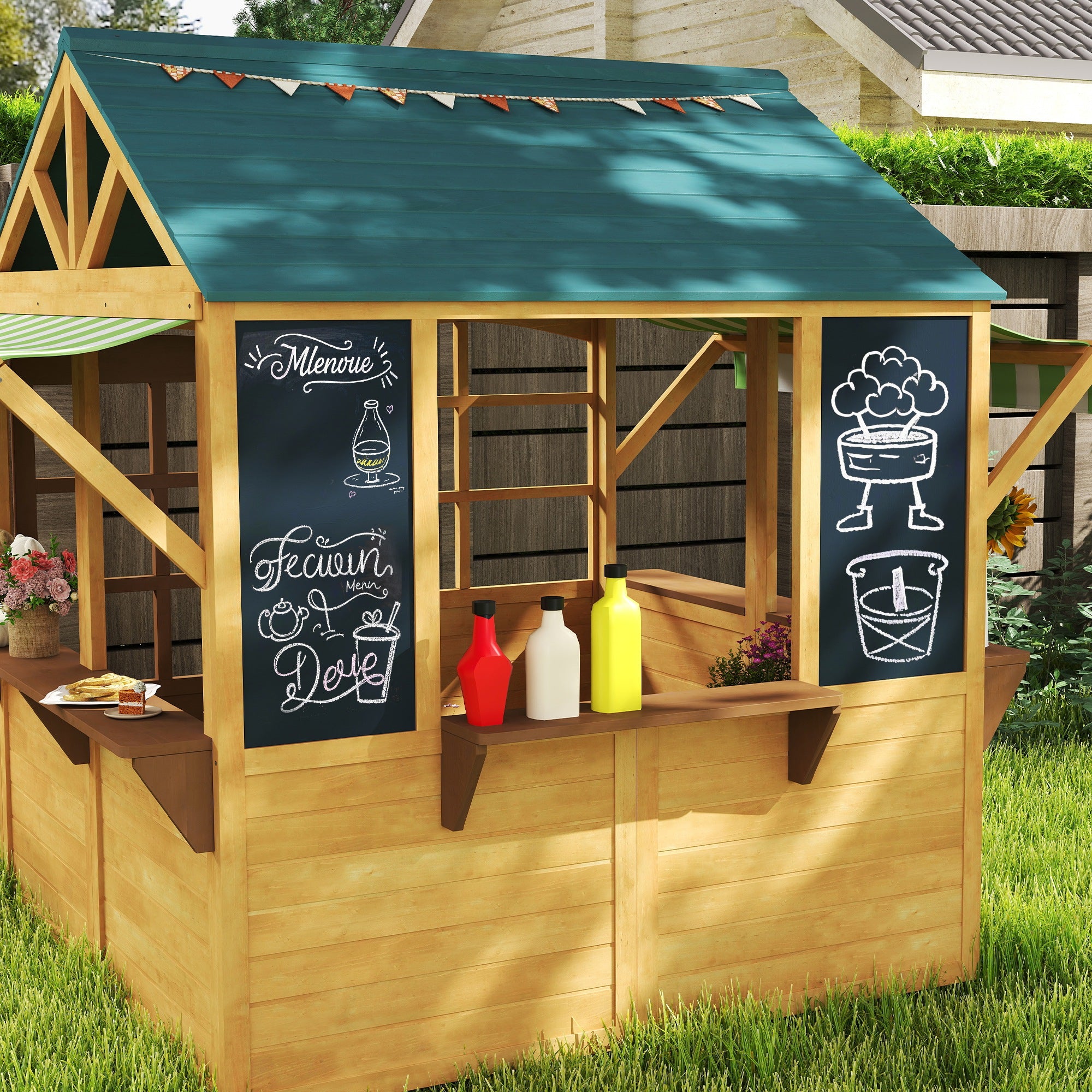 Wooden Foldable Playhouse for Kids Outdoor with Windows, Door, Window Sill, Rain Caps, Children's House, Garden House for Children 3-8 Years