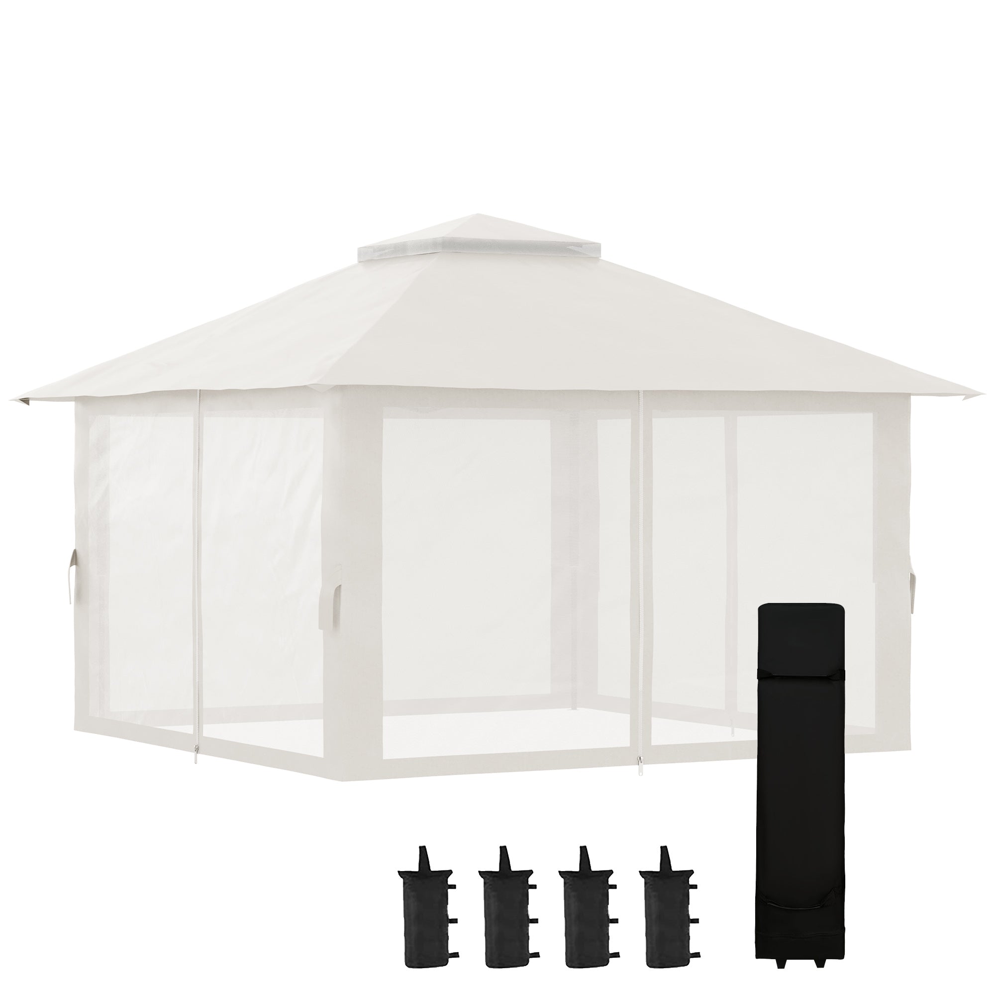 Pavilion 4x4m Stable Winterproof Pop-up Garden Gazebo with Double Roof, UV Protection 50+ Party Tent Garden Tent with 4 Side Walls Bag Sandbags for Camping Garden Festival, Cream White