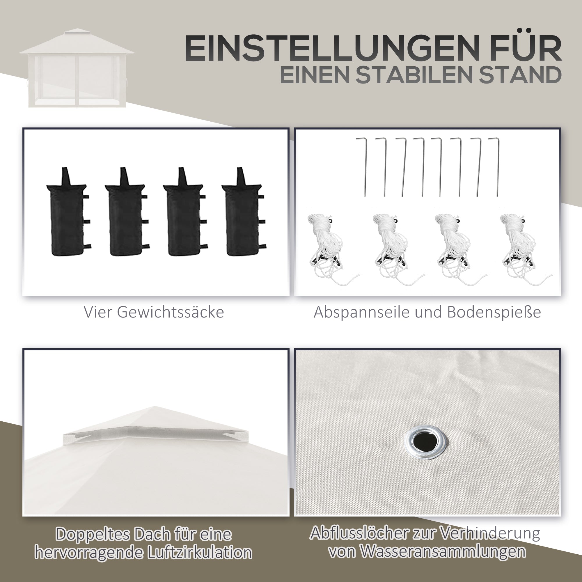 Pavilion 4x4m Stable Winterproof Pop-up Garden Gazebo with Double Roof, UV Protection 50+ Party Tent Garden Tent with 4 Side Walls Bag Sandbags for Camping Garden Festival, Cream White