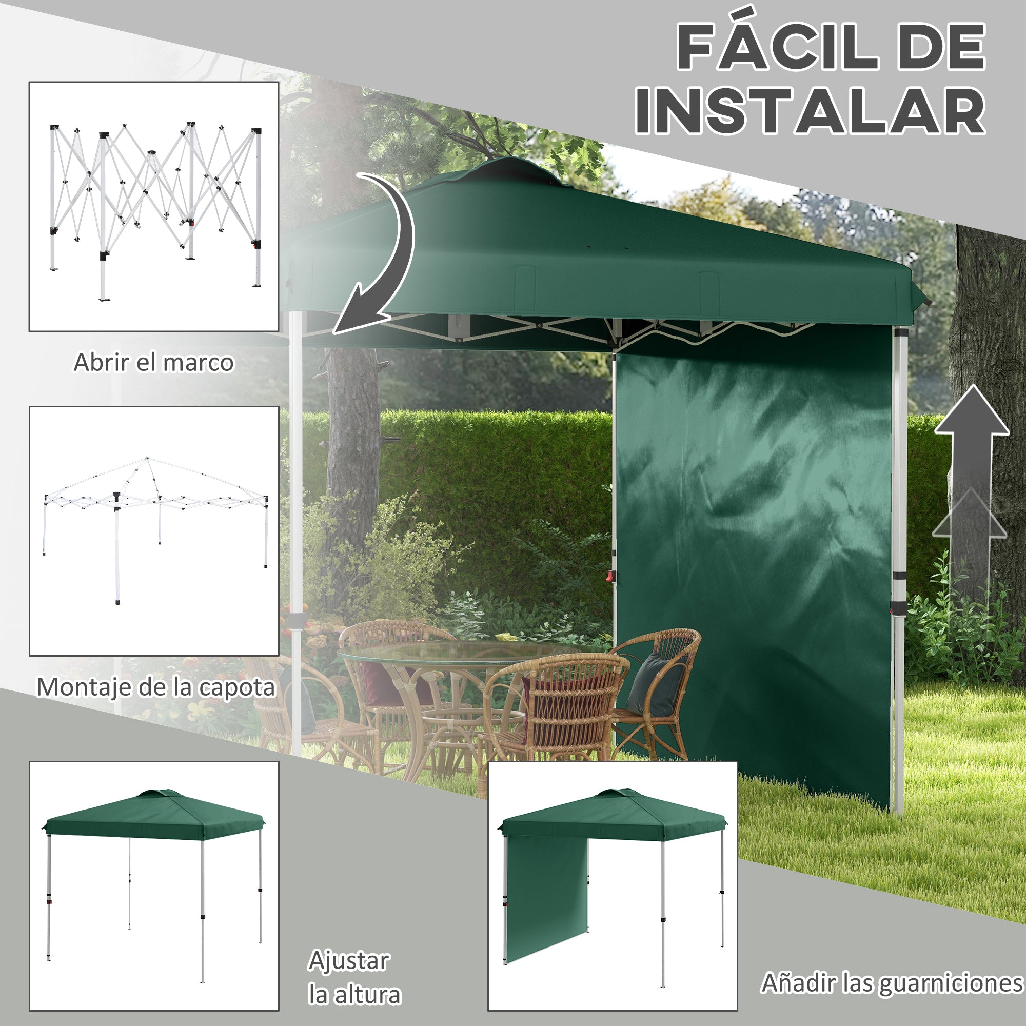 Foldable Gazebo 2.5x2.5 m Garden Canopy with 1 Side Wall Adjustable Height in 3 Levels Anti-UV Waterproof and Sandbag Green Gazebo for Outdoor Camping Parties