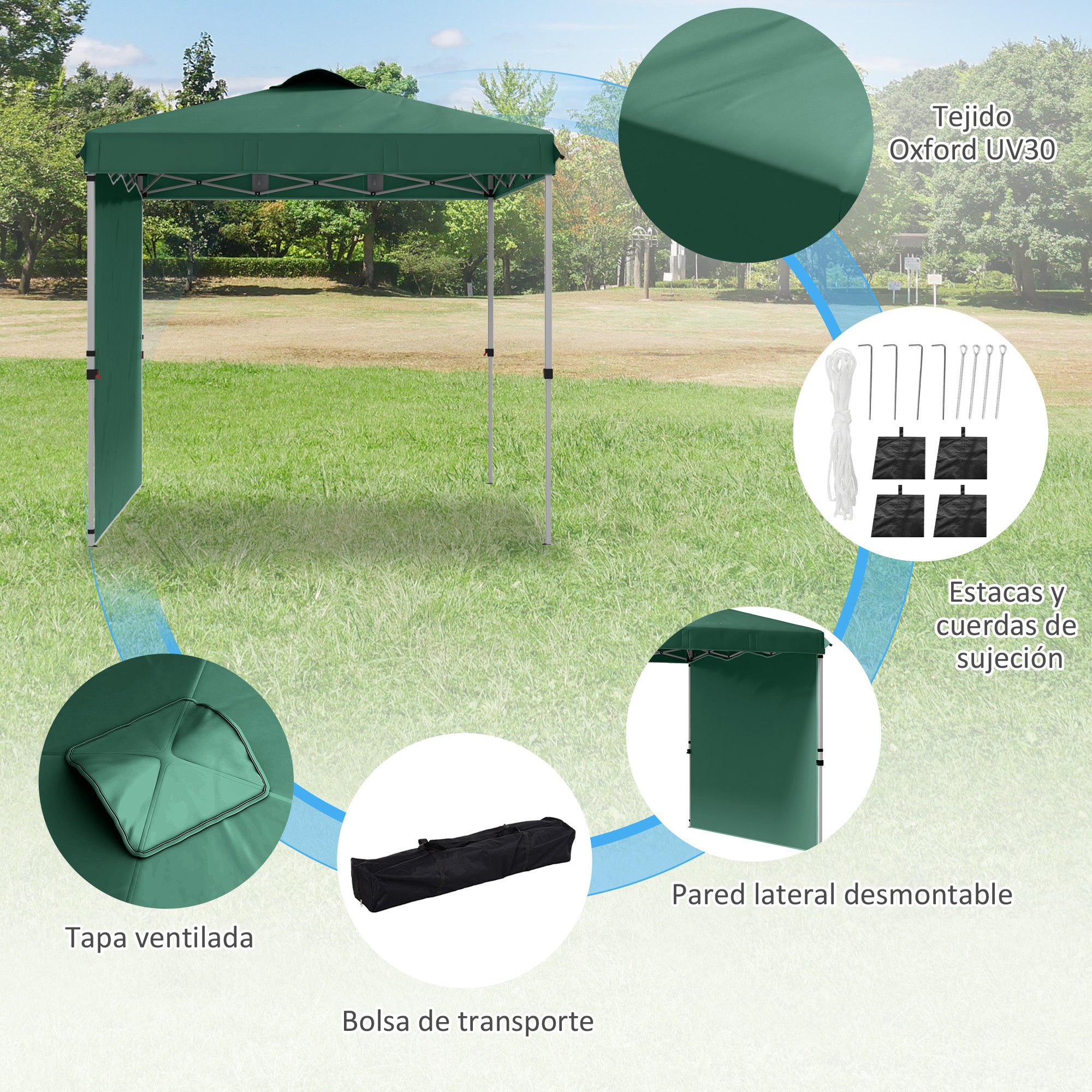 Foldable Gazebo 2.5x2.5 m Garden Canopy with 1 Side Wall Adjustable Height in 3 Levels Anti-UV Waterproof and Sandbag Green Gazebo for Outdoor Camping Parties