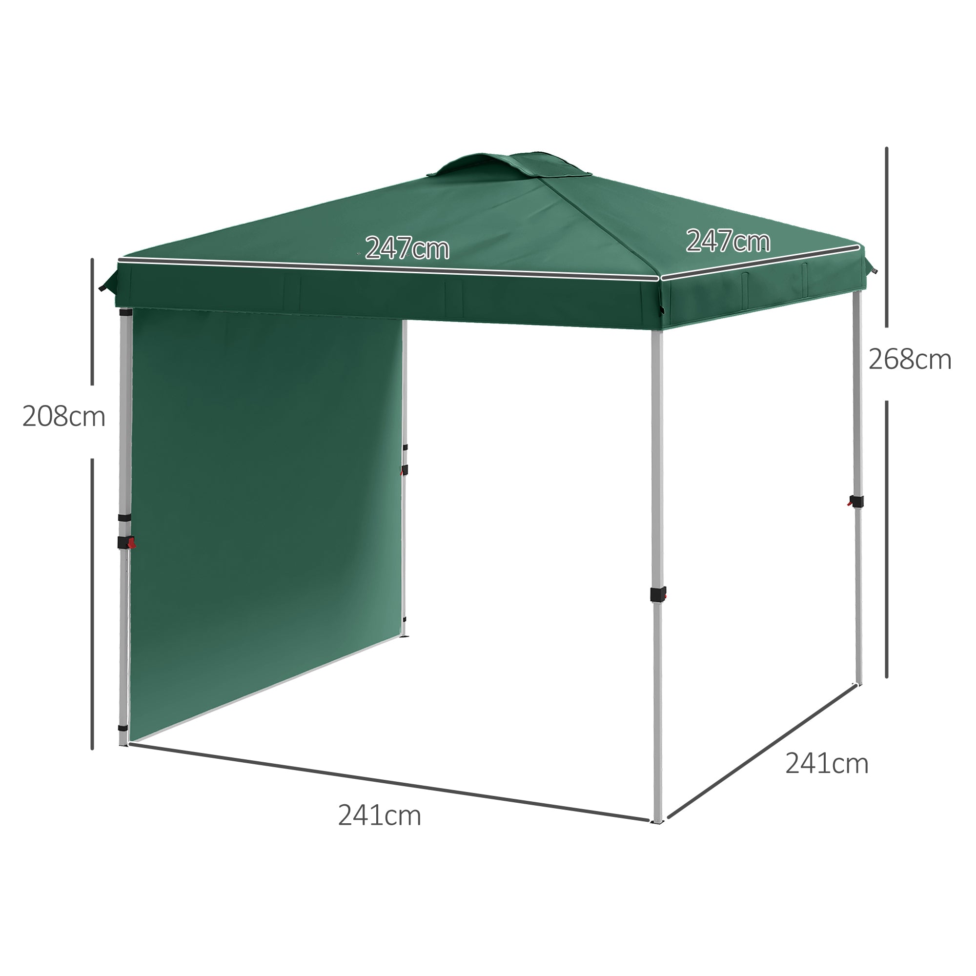 Foldable Gazebo 2.5x2.5 m Garden Canopy with 1 Side Wall Adjustable Height in 3 Levels Anti-UV Waterproof and Sandbag Green Gazebo for Outdoor Camping Parties