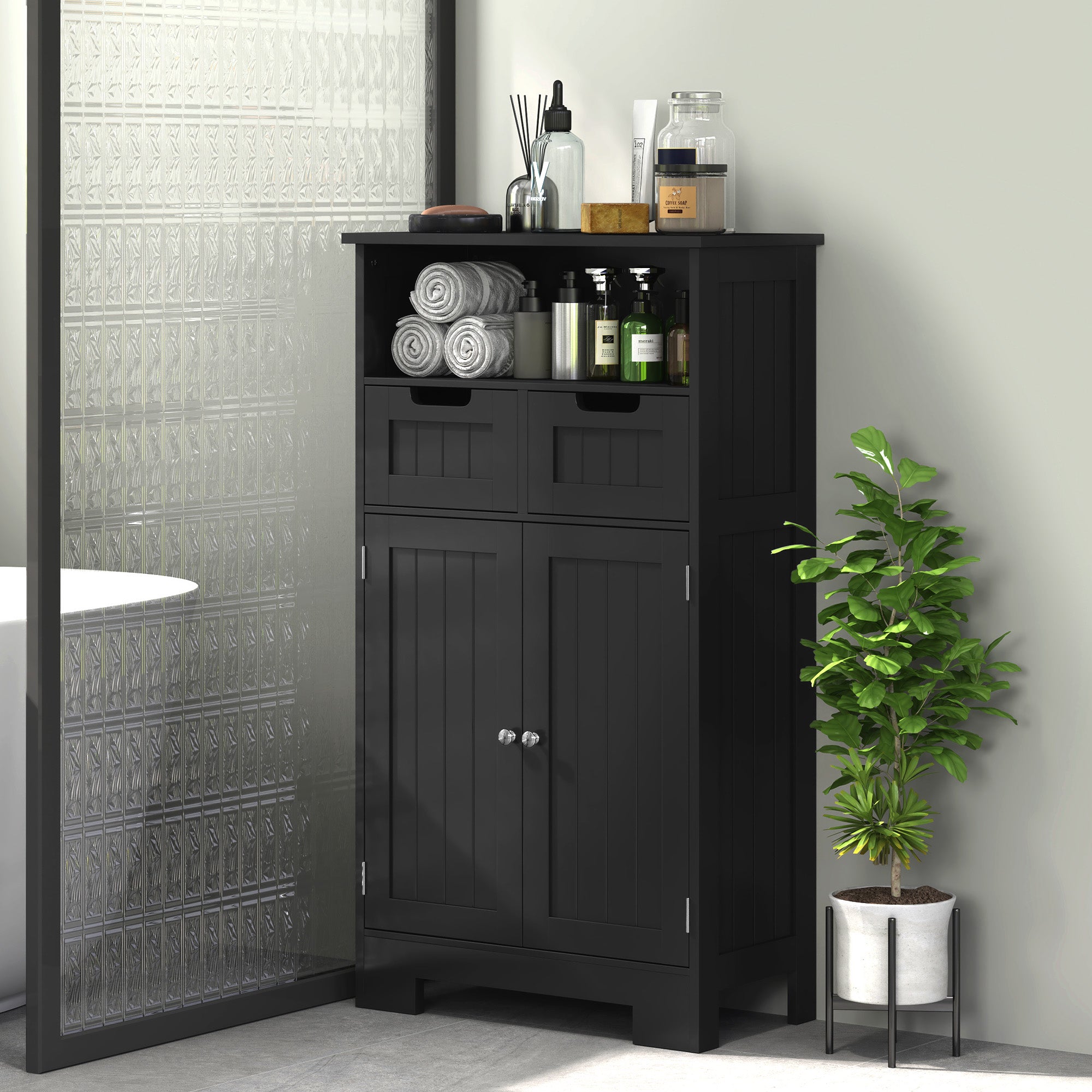 Bathroom Cabinet, Storage Cabinet with 2 Drawers, Niche, Wardrobe with Door, Adjustable Shelf, Bathroom Cabinet, Kitchen, Living Room, 60 x 30 x 109 cm, Black