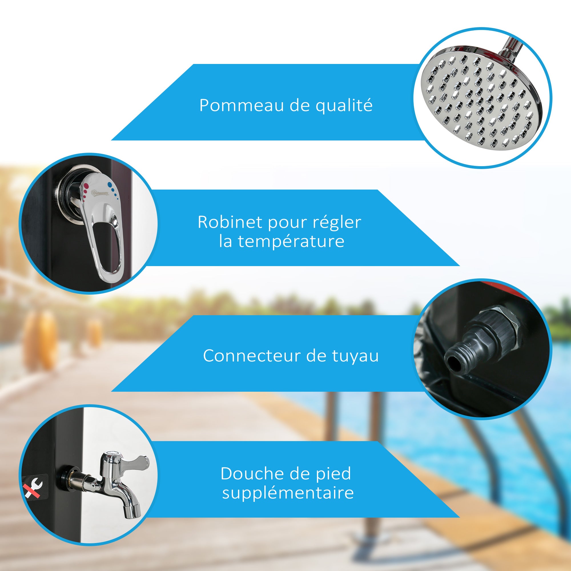 35L Outdoor Solar Shower Garden Beach Pool Solar Shower with Shower Head and Thermometer Integrated Cold and Hot Water up to 55°C PVC ABS dim. 17.5L x 14.5W x 216H cm black