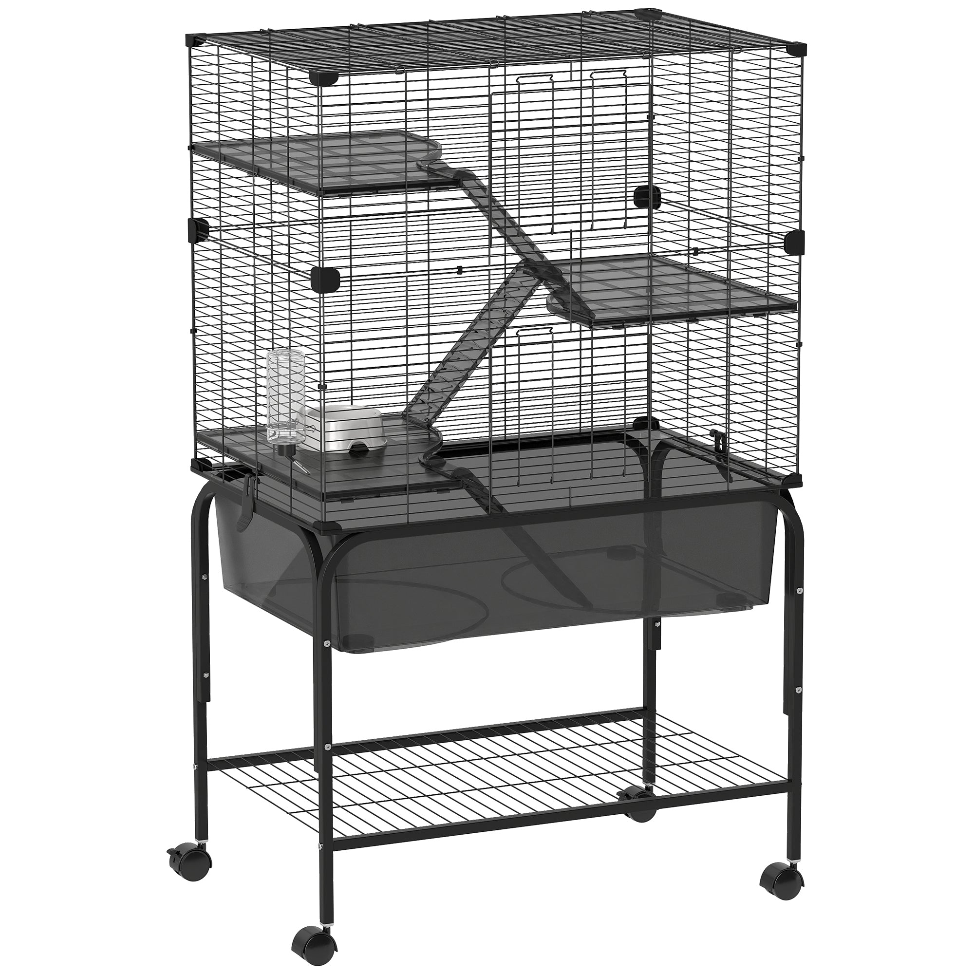 4-Level Cage for Small Animals with Wheels Cage for Rodents with Deep Tray Ramps Platforms Feeder and Drinker Enclosure for Chinchillas Ferrets Hamster 73x47x123 cm Black