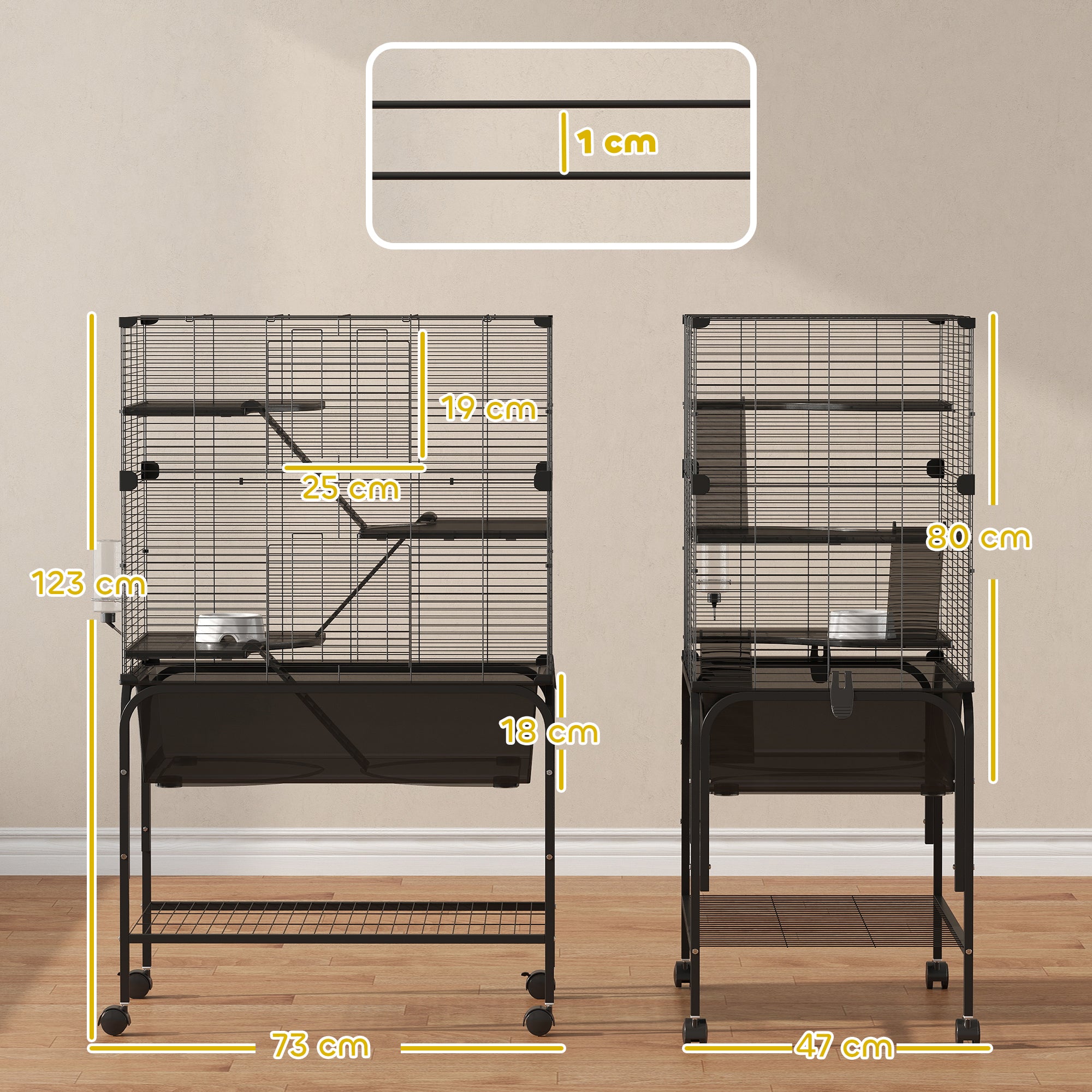 4-Level Cage for Small Animals with Wheels Cage for Rodents with Deep Tray Ramps Platforms Feeder and Drinker Enclosure for Chinchillas Ferrets Hamster 73x47x123 cm Black