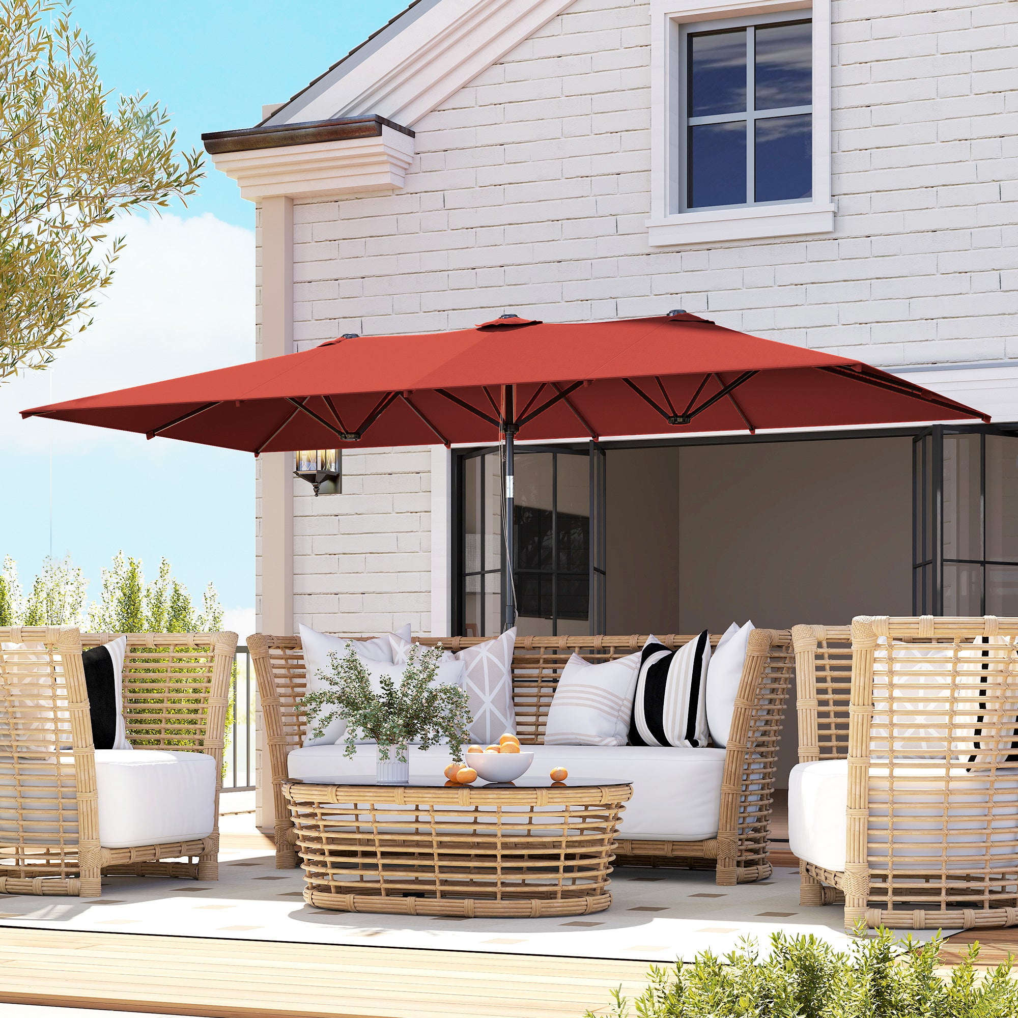 Double Rectangular Patio Umbrella, 5' x 9.7' (59" x 116"), Adjustable Height & Tilt, Wine Red