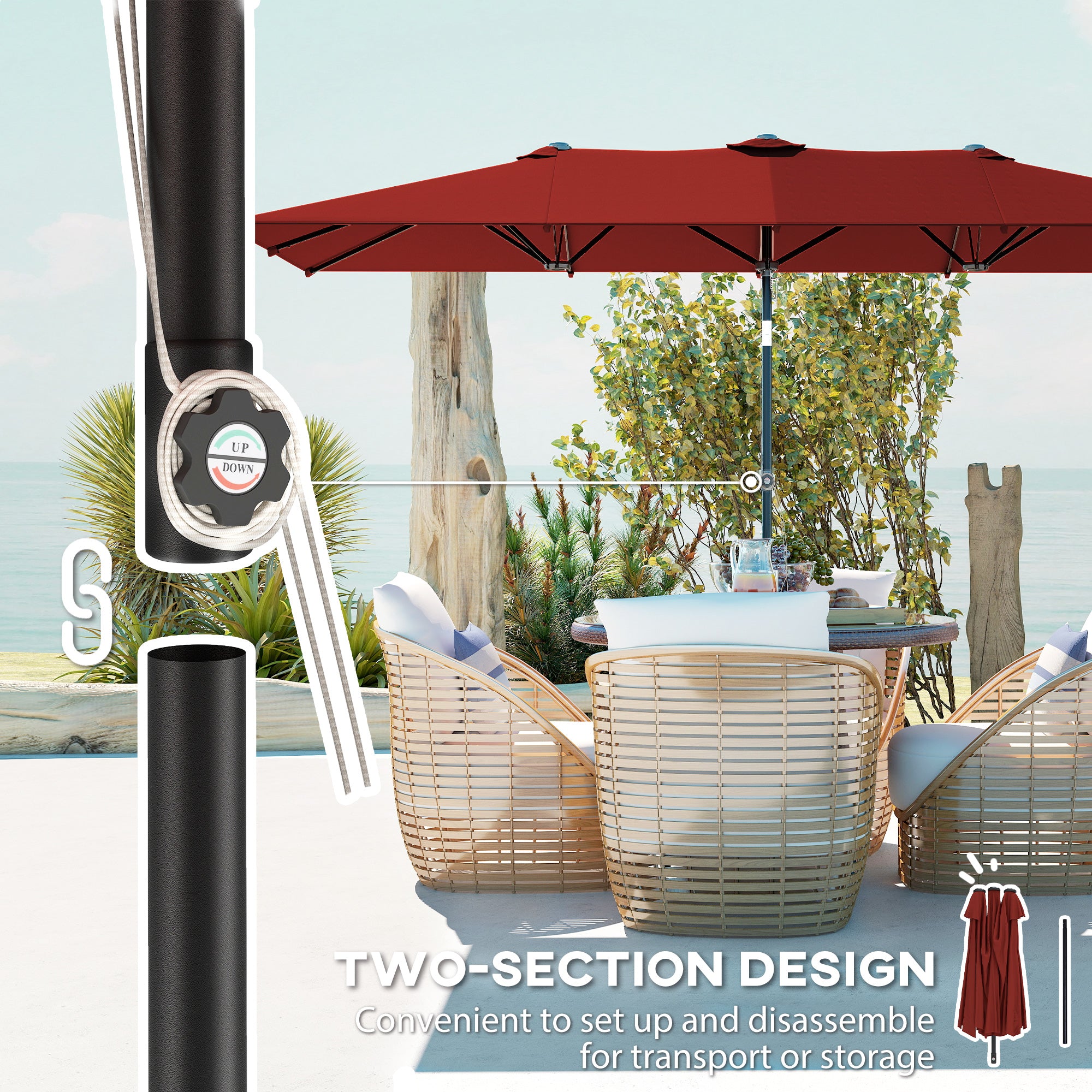 Double Rectangular Patio Umbrella, 5' x 9.7' (59" x 116"), Adjustable Height & Tilt, Wine Red