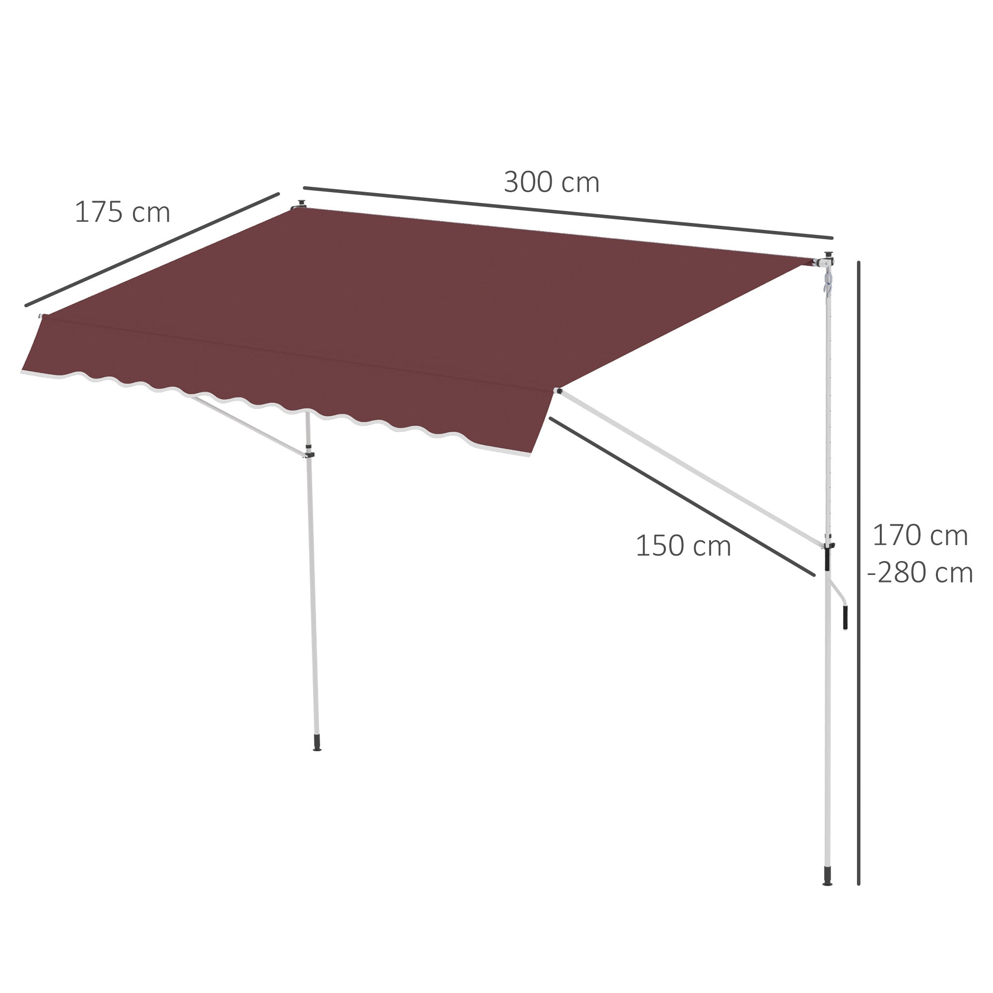 Manual Retractable Awning 3L x 1.5W m Telescopic Awning without Drilling Adjustable Inclination and Height Quick Installation Metal Aluminium Polyester Anti-UV Bordeaux