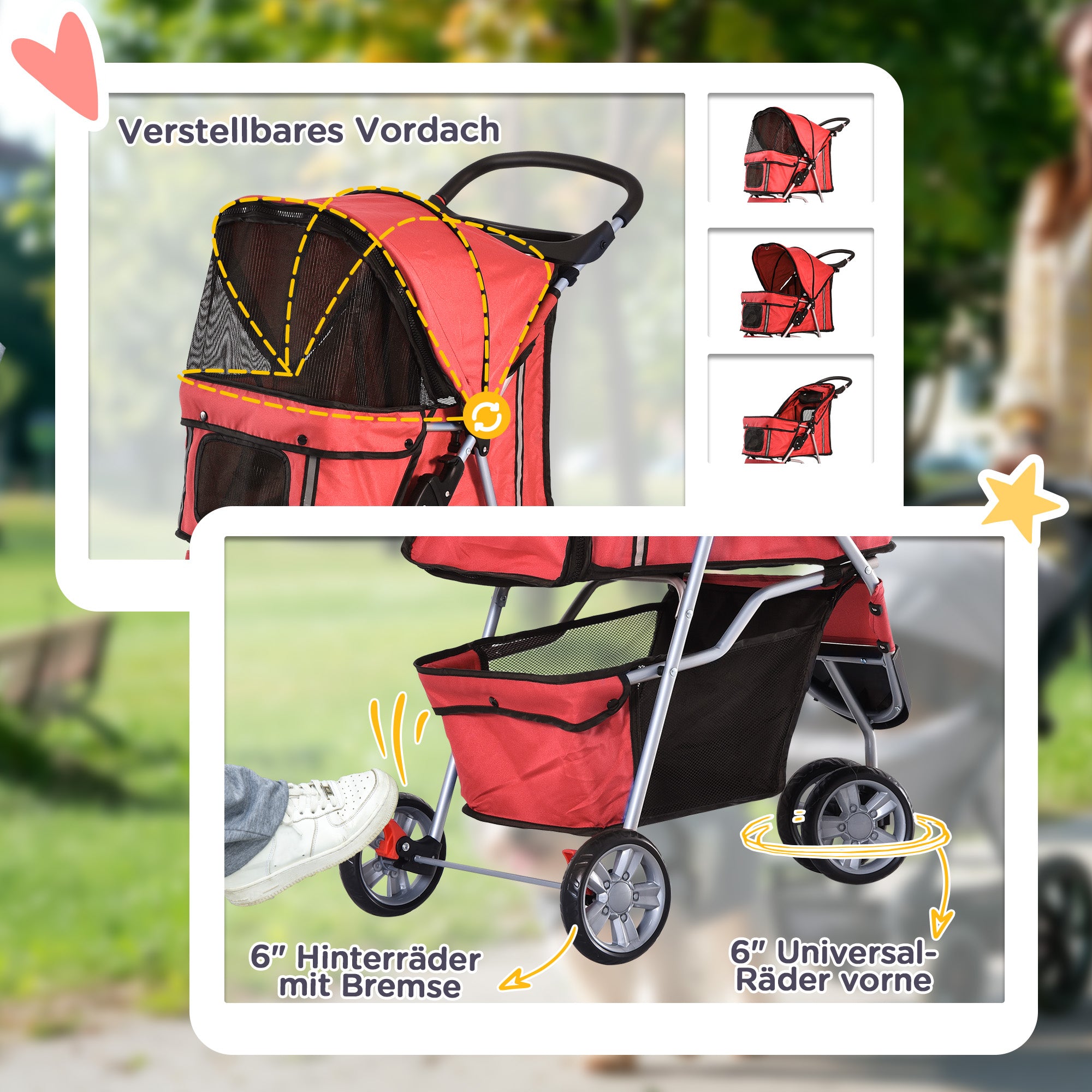 Dog Stroller Pet Stroller Foldable for Dogs & Cats Cat Stroller with Pillow Mesh Windows Cup Holder Storage Bag Cat Carriage Buggy Red
