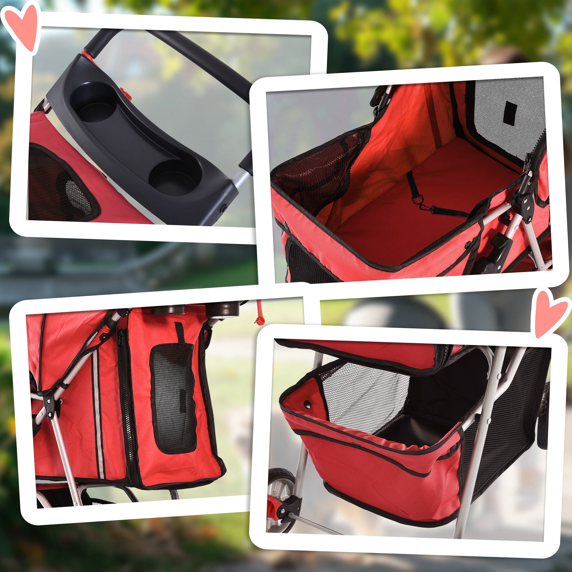 Dog Stroller Pet Stroller Foldable for Dogs & Cats Cat Stroller with Pillow Mesh Windows Cup Holder Storage Bag Cat Carriage Buggy Red