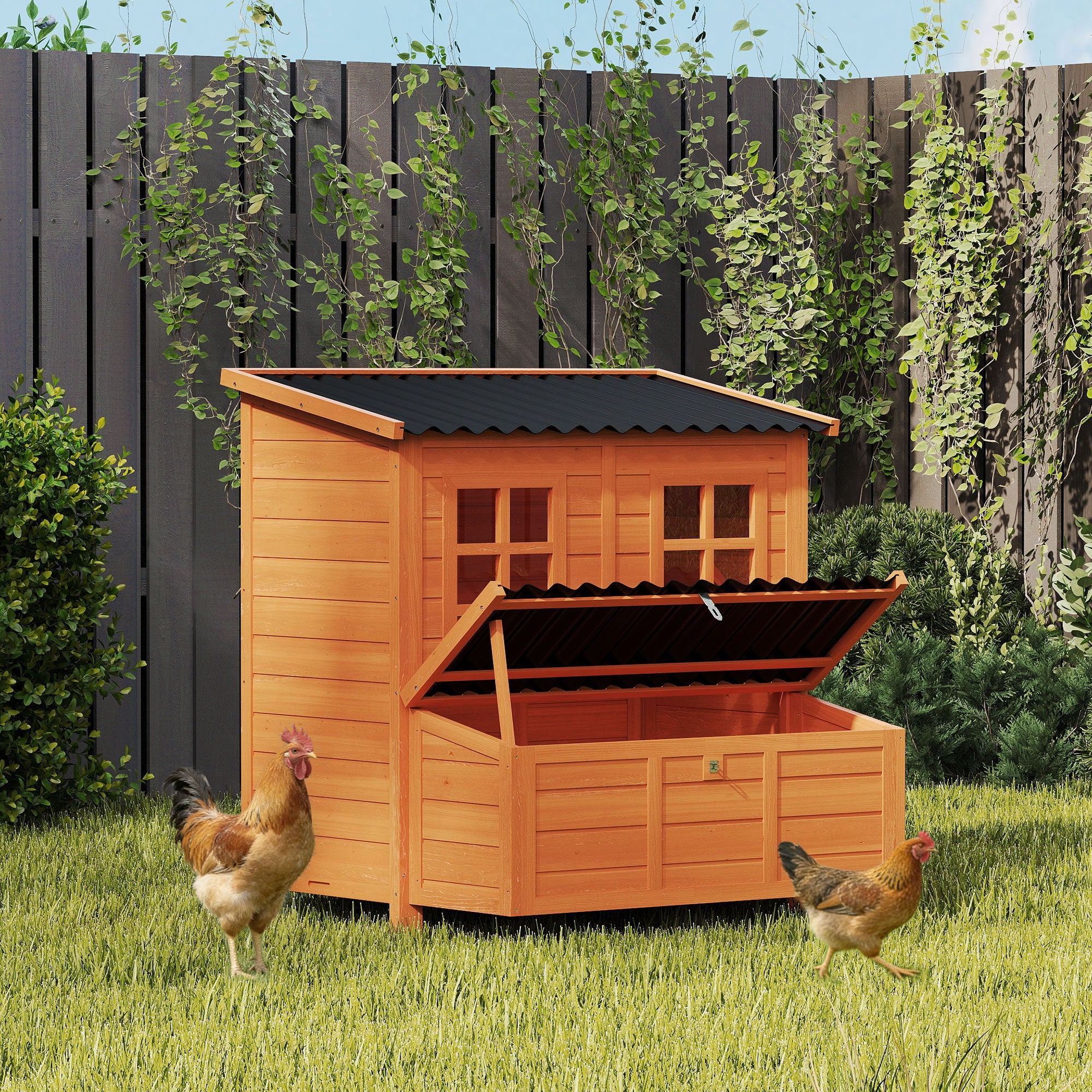 Wooden Chicken Coop 39.4×33.9×39.4 in (100×86×100 cm) — Run Access, Nest Box, Waterproof Roof, 2 Roosts, Convertible Ramp, for 4–6 Hens (Orange)