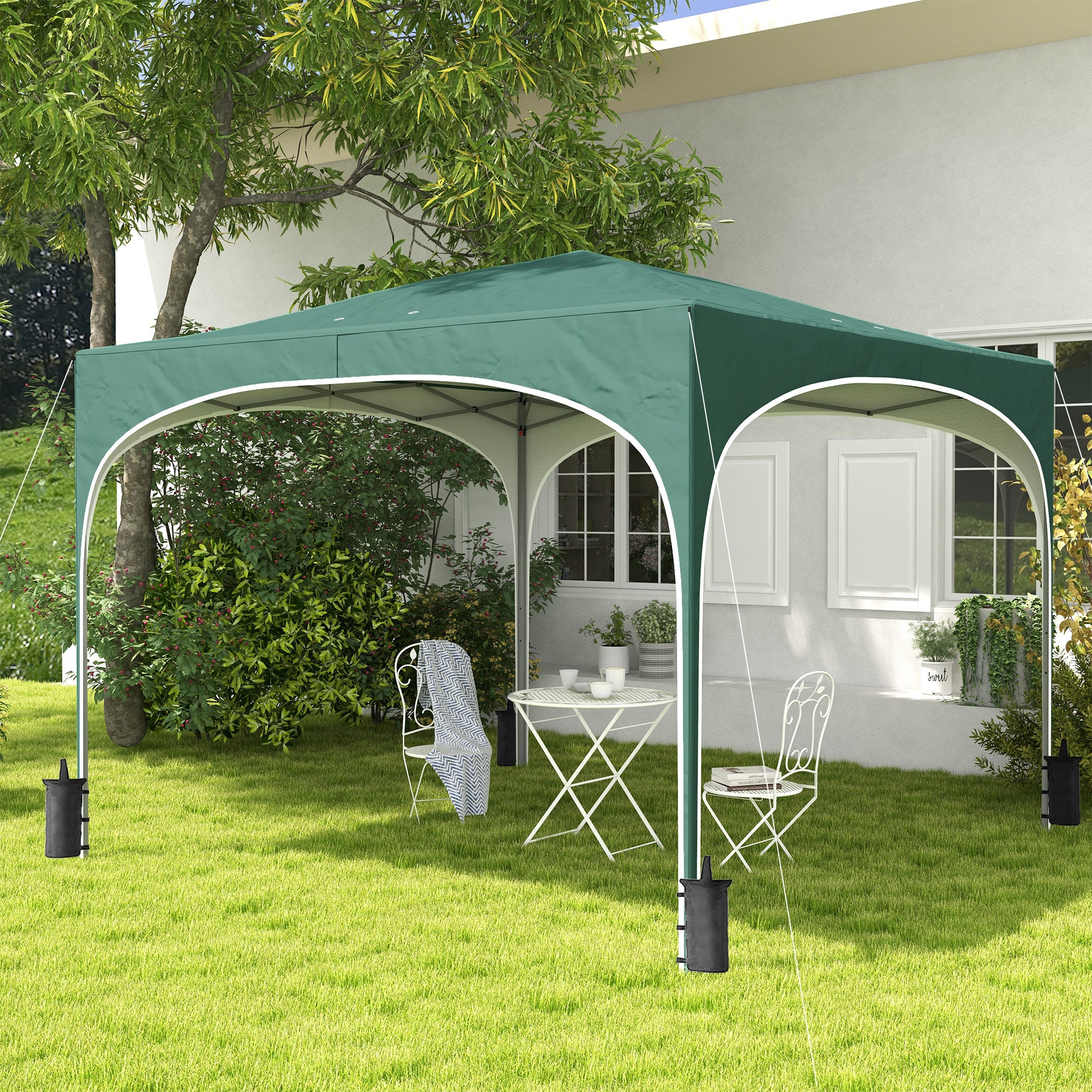 Pop-up Garden Gazebo for 6-9 People, 3x3m Folding Gazebo with Adjustable Height and Carry Bag, Metal Frame with Ropes, Stakes, and Sandbags, 295x295x255 cm, Green