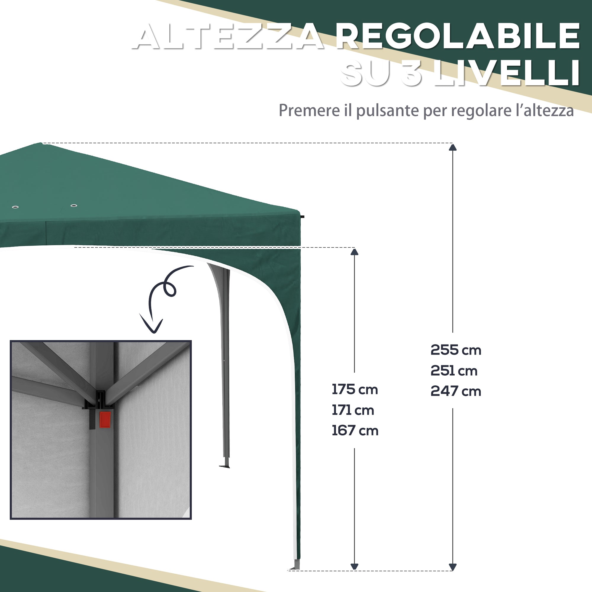 Pop-up Garden Gazebo for 6-9 People, 3x3m Folding Gazebo with Adjustable Height and Carry Bag, Metal Frame with Ropes, Stakes, and Sandbags, 295x295x255 cm, Green