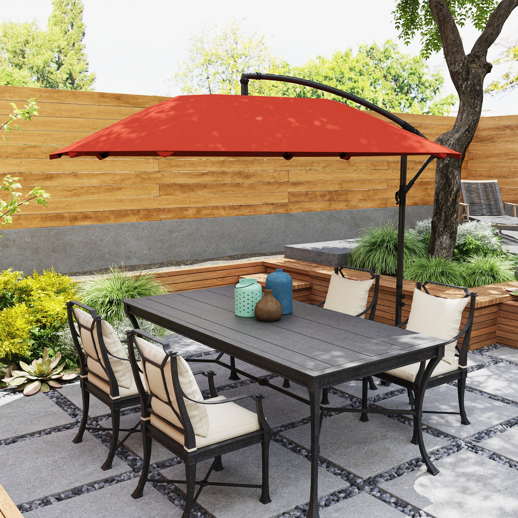 Offset Umbrella 2.6x2.6 m with Air Vents, 8 Ribs, Cross Base and Crank, Tilted and 360° Rotating Garden Umbrella in Metal and 180 g/㎡ Polyester, Rust Red
