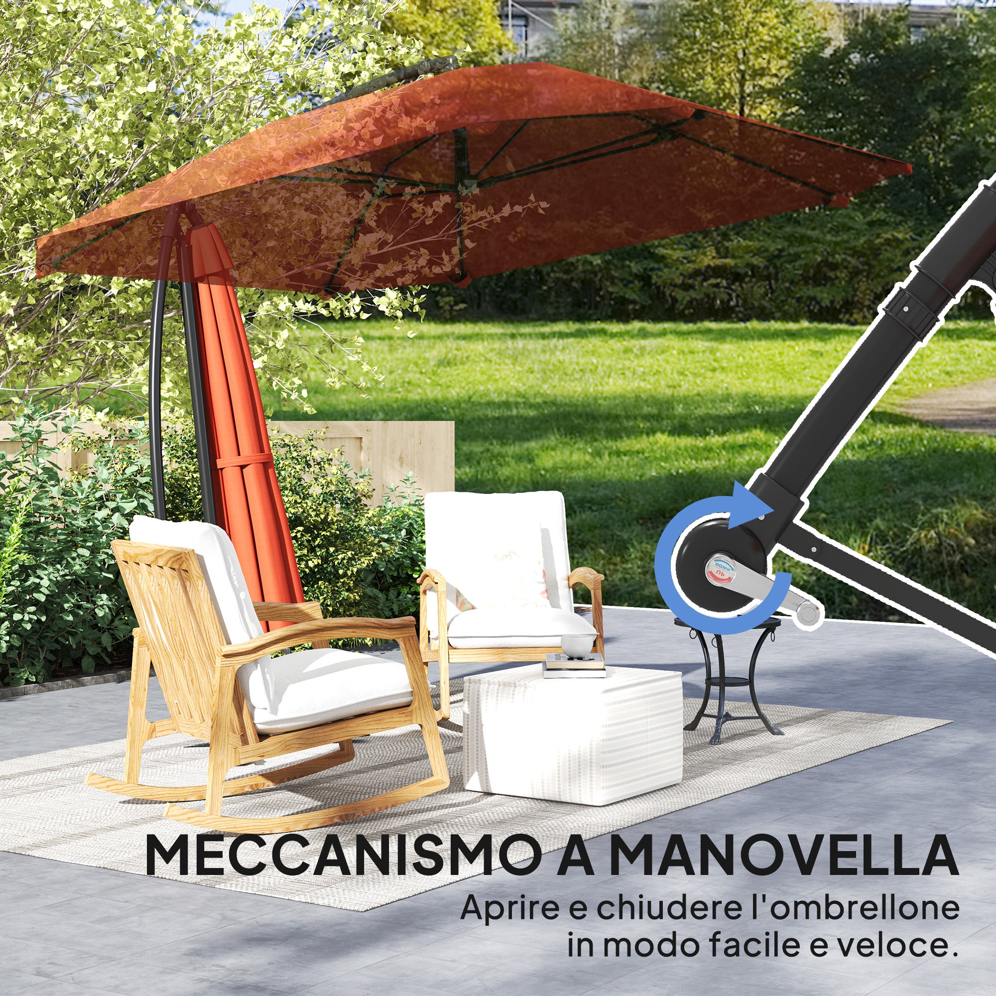 Offset Umbrella 2.6x2.6 m with Air Vents, 8 Ribs, Cross Base and Crank, Tilted and 360° Rotating Garden Umbrella in Metal and 180 g/㎡ Polyester, Rust Red