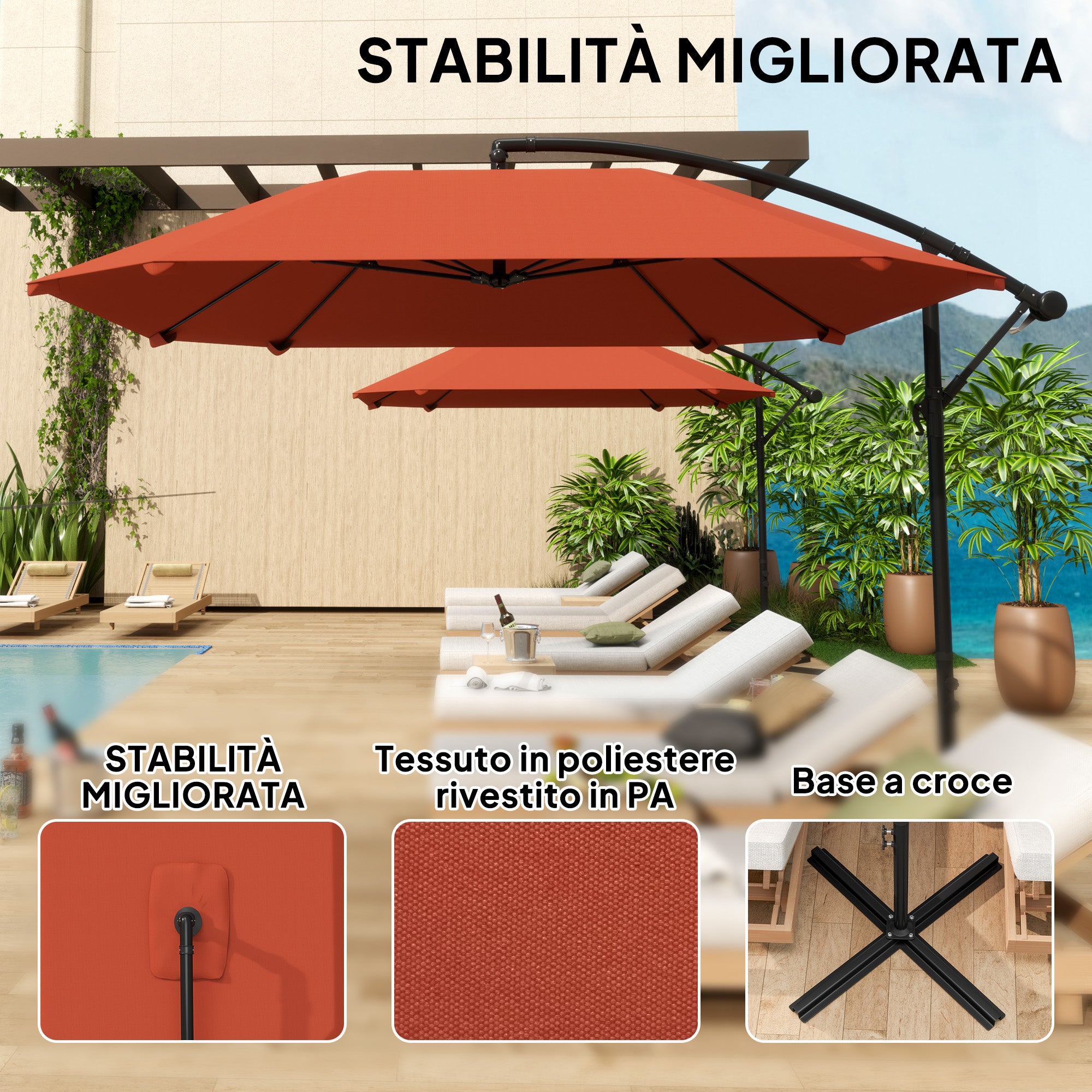 Offset Umbrella 2.6x2.6 m with Air Vents, 8 Ribs, Cross Base and Crank, Tilted and 360° Rotating Garden Umbrella in Metal and 180 g/㎡ Polyester, Rust Red