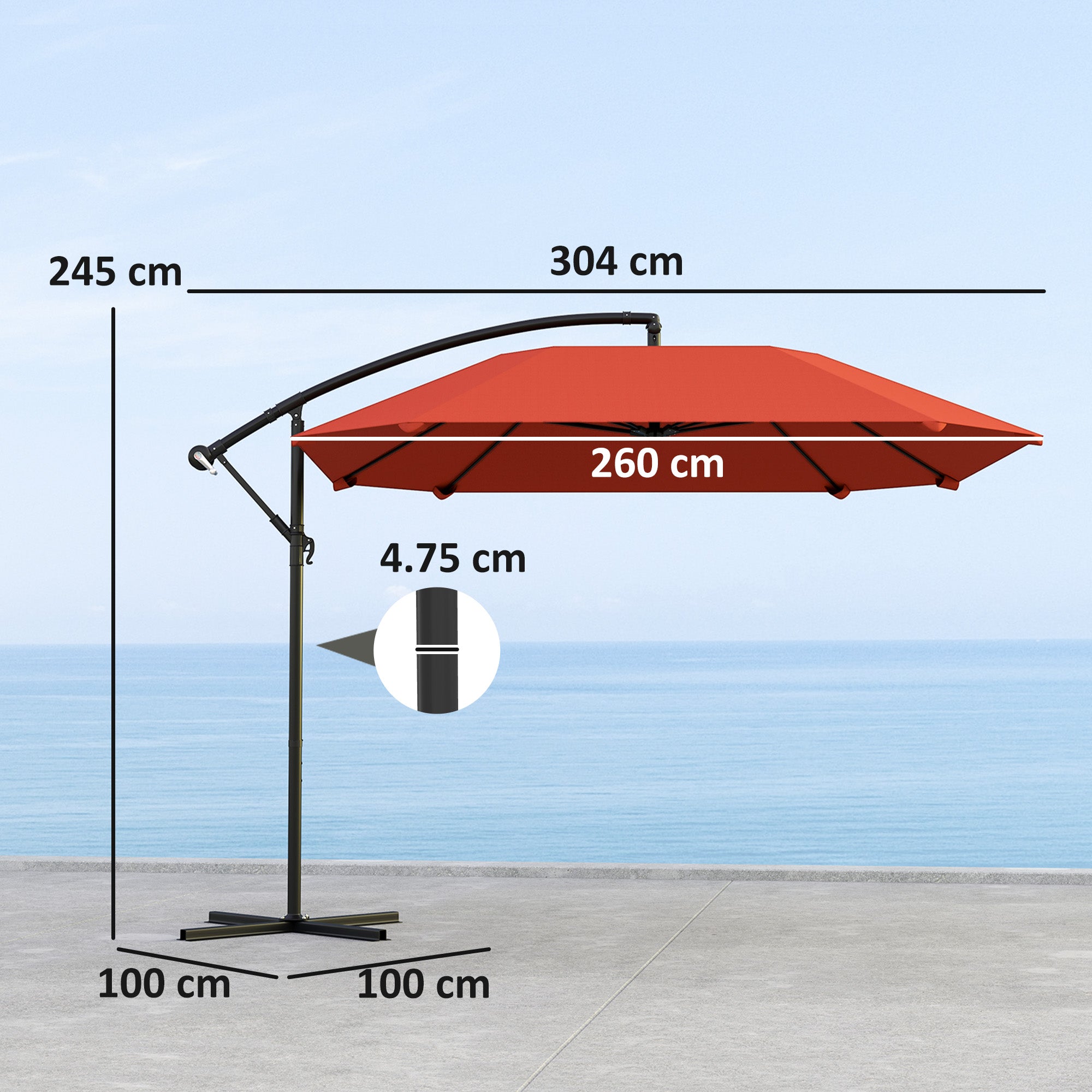 Offset Umbrella 2.6x2.6 m with Air Vents, 8 Ribs, Cross Base and Crank, Tilted and 360° Rotating Garden Umbrella in Metal and 180 g/㎡ Polyester, Rust Red