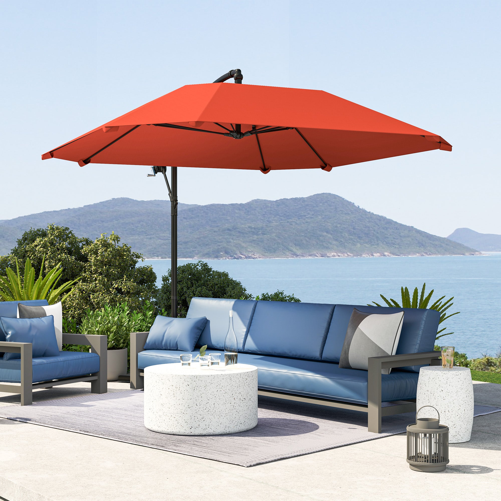Offset Umbrella 2.6x2.6 m with Air Vents, 8 Ribs, Cross Base and Crank, Tilted and 360° Rotating Garden Umbrella in Metal and 180 g/㎡ Polyester, Rust Red
