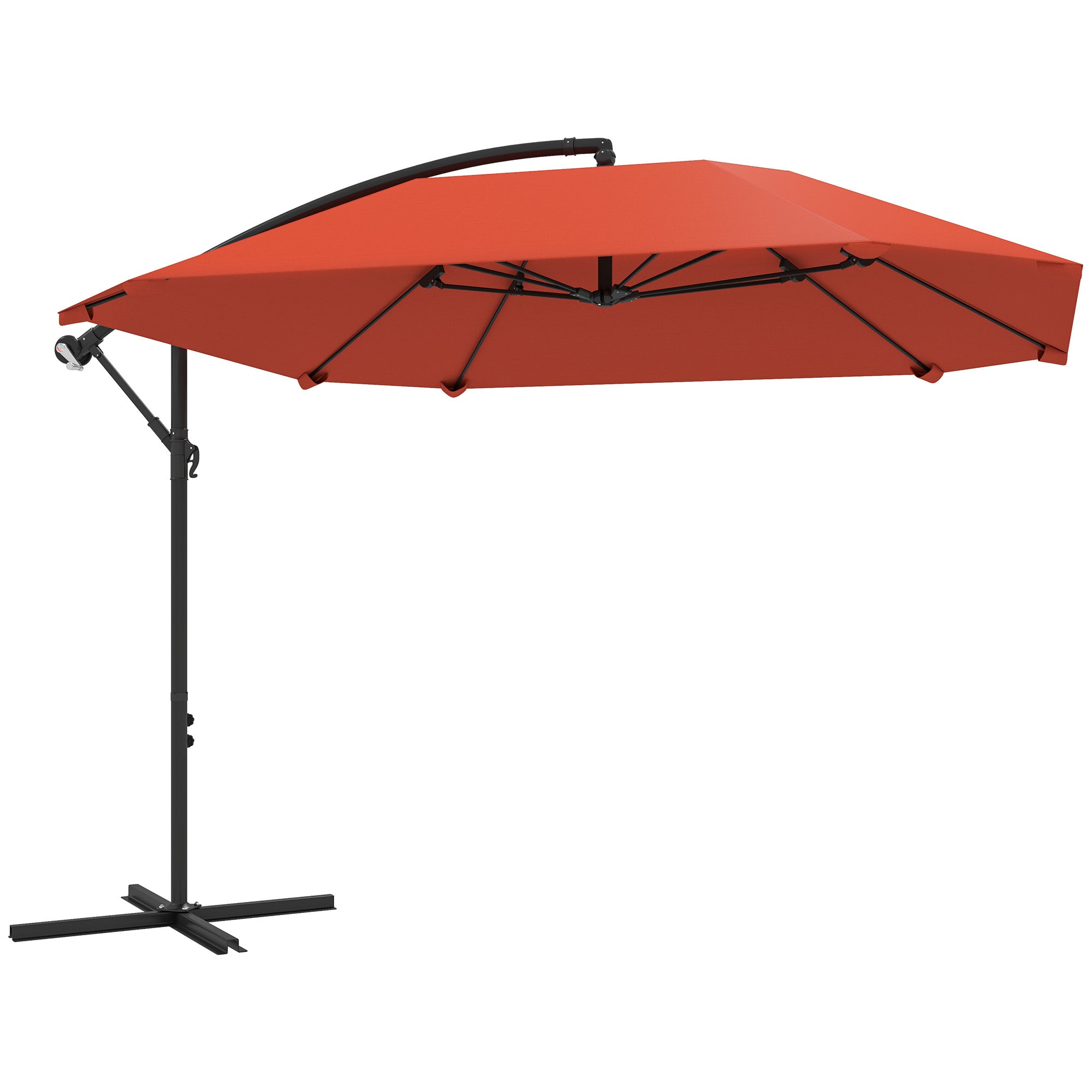 Offset Umbrella 2.6x2.6 m with Air Vents, 8 Ribs, Cross Base and Crank, Tilted and 360° Rotating Garden Umbrella in Metal and 180 g/㎡ Polyester, Rust Red