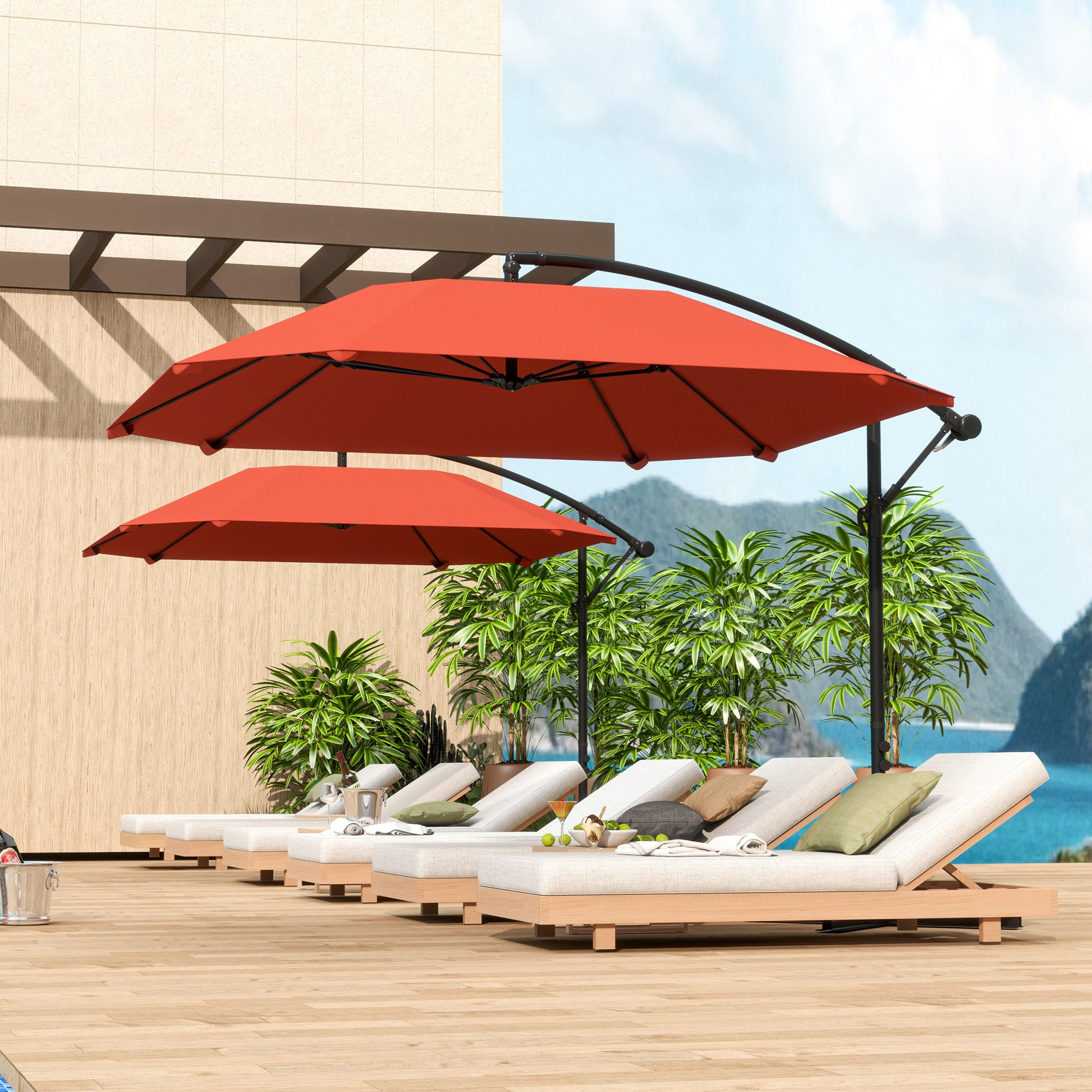 Offset Umbrella 2.6x2.6 m with Air Vents, 8 Ribs, Cross Base and Crank, Tilted and 360° Rotating Garden Umbrella in Metal and 180 g/㎡ Polyester, Rust Red