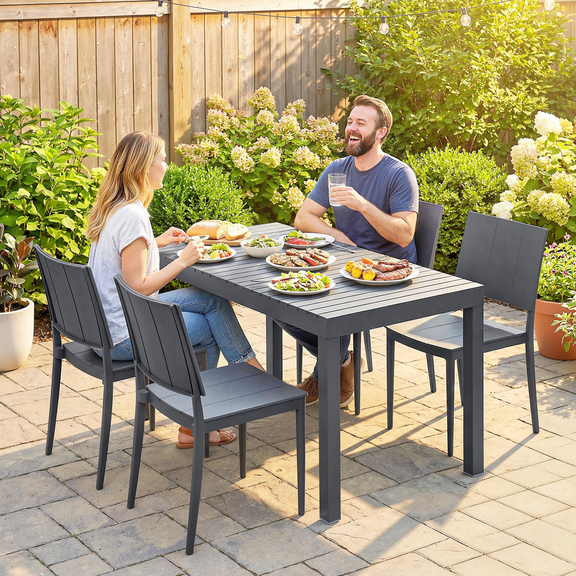 4-Person Garden Furniture Set with Stackable Chairs - PP Slatted Table & Chairs for Balcony and Patio, Anthracite Gray