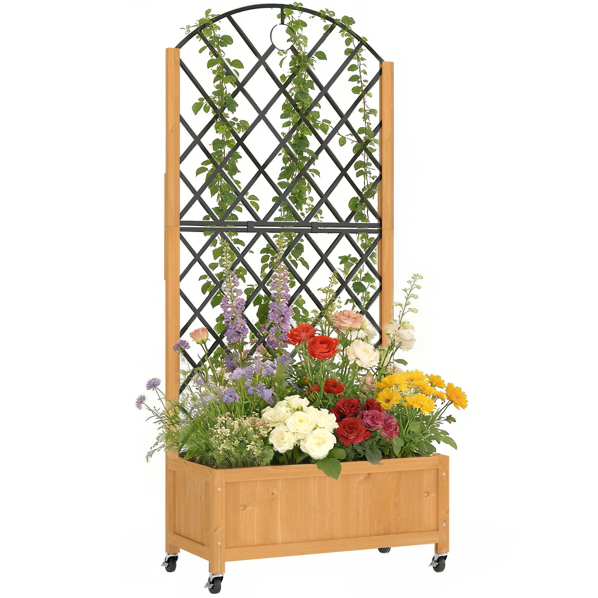 Raised Wooden Planter with Trellis & Wheels, 72 x 36 x 168 cm (28.3 x 14.2 x 66.1 in)