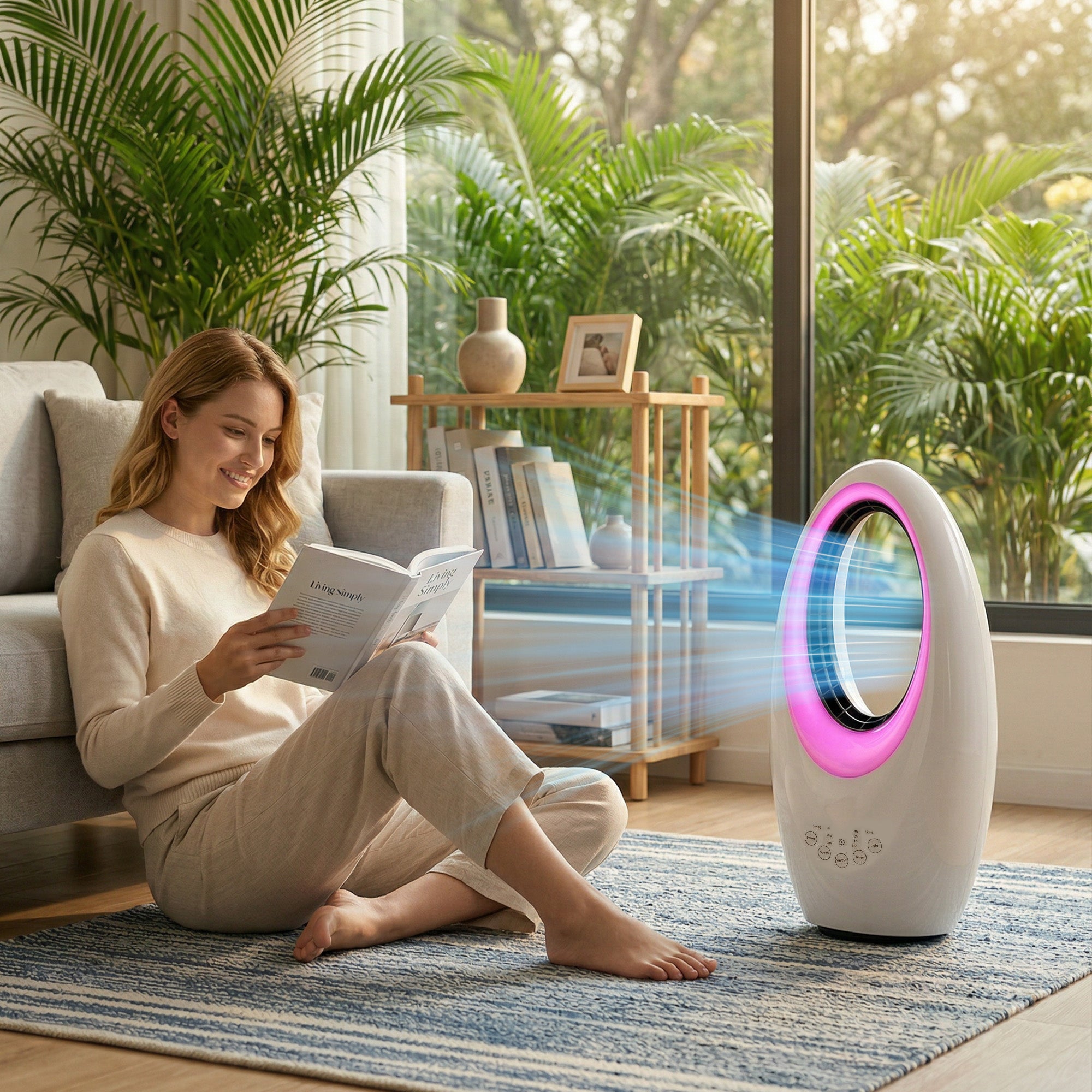 Bladeless Tower Fan for Bedroom, 36 dB Quiet, 60° Oscillation, LED Lighting, 3 Speeds, 7.5-Hour Timer, Remote Control, White