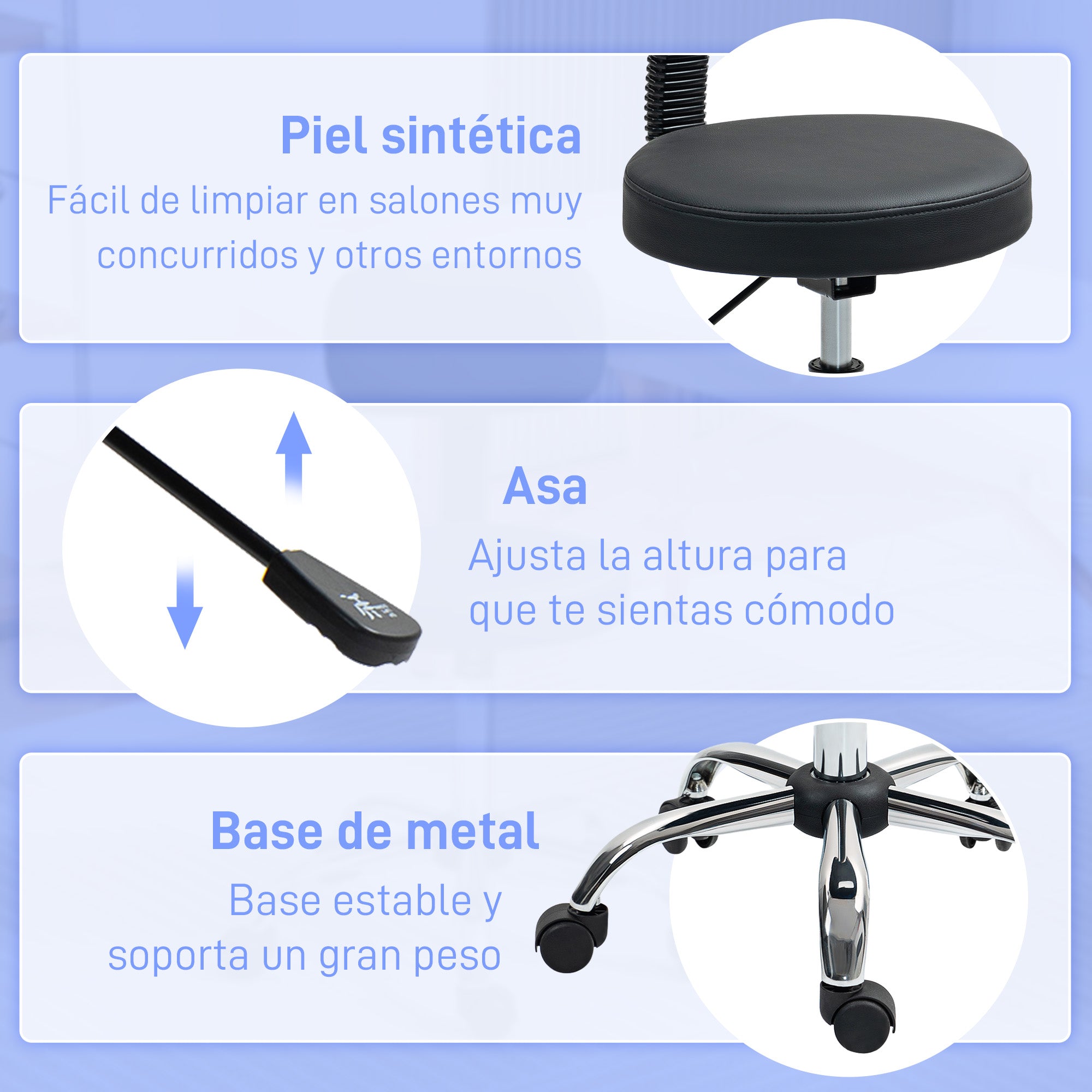 Swivel Stool with Wheels and Backrest Work Stool with Adjustable Height 78-93 cm Synthetic Leather Upholstered Seat Black
