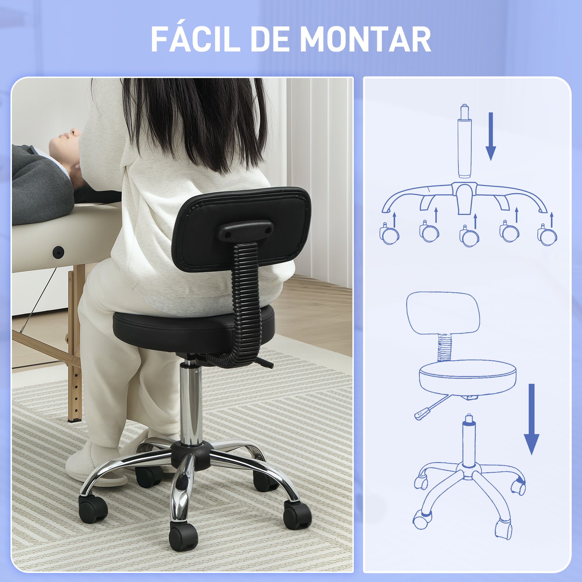 Swivel Stool with Wheels and Backrest Work Stool with Adjustable Height 78-93 cm Synthetic Leather Upholstered Seat Black