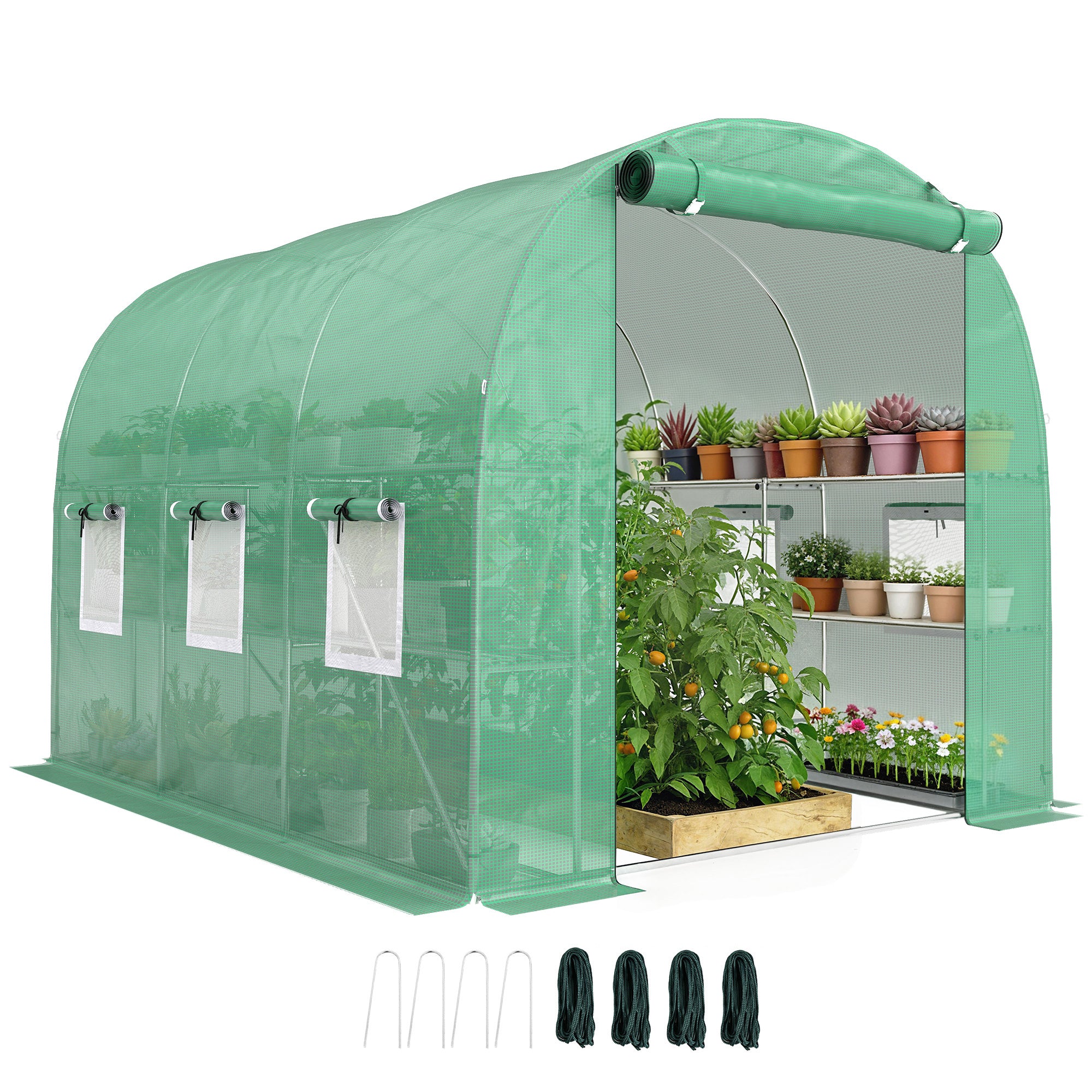 Outdoor Tunnel Greenhouse 6.5' x 9' x 6.3' with Shelves — Roll-Up Door, 6 Mesh Windows, UV PE Cover, Galvanized Steel Frame, Waterproof, Green