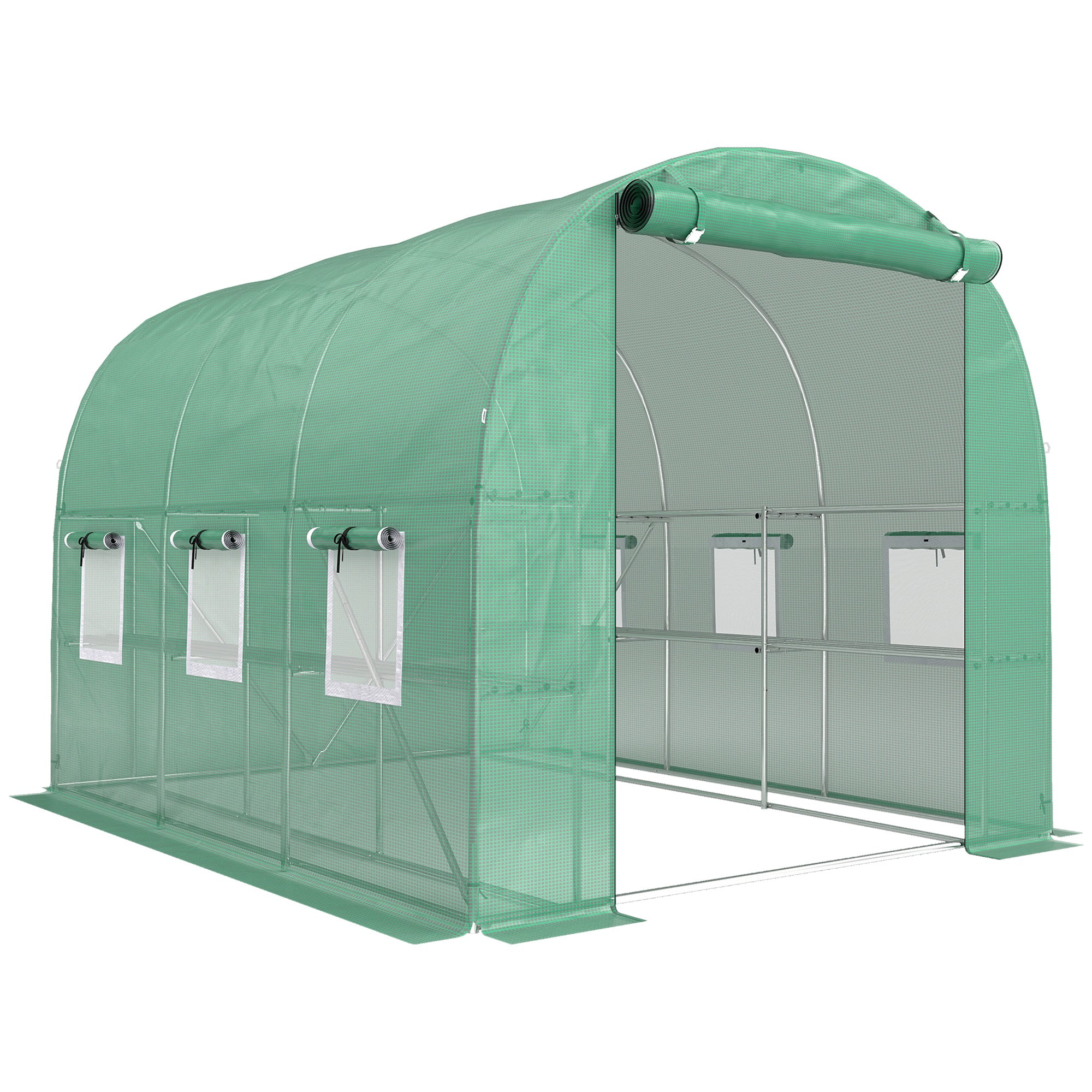 Outdoor Tunnel Greenhouse 6.5' x 9' x 6.3' with Shelves — Roll-Up Door, 6 Mesh Windows, UV PE Cover, Galvanized Steel Frame, Waterproof, Green